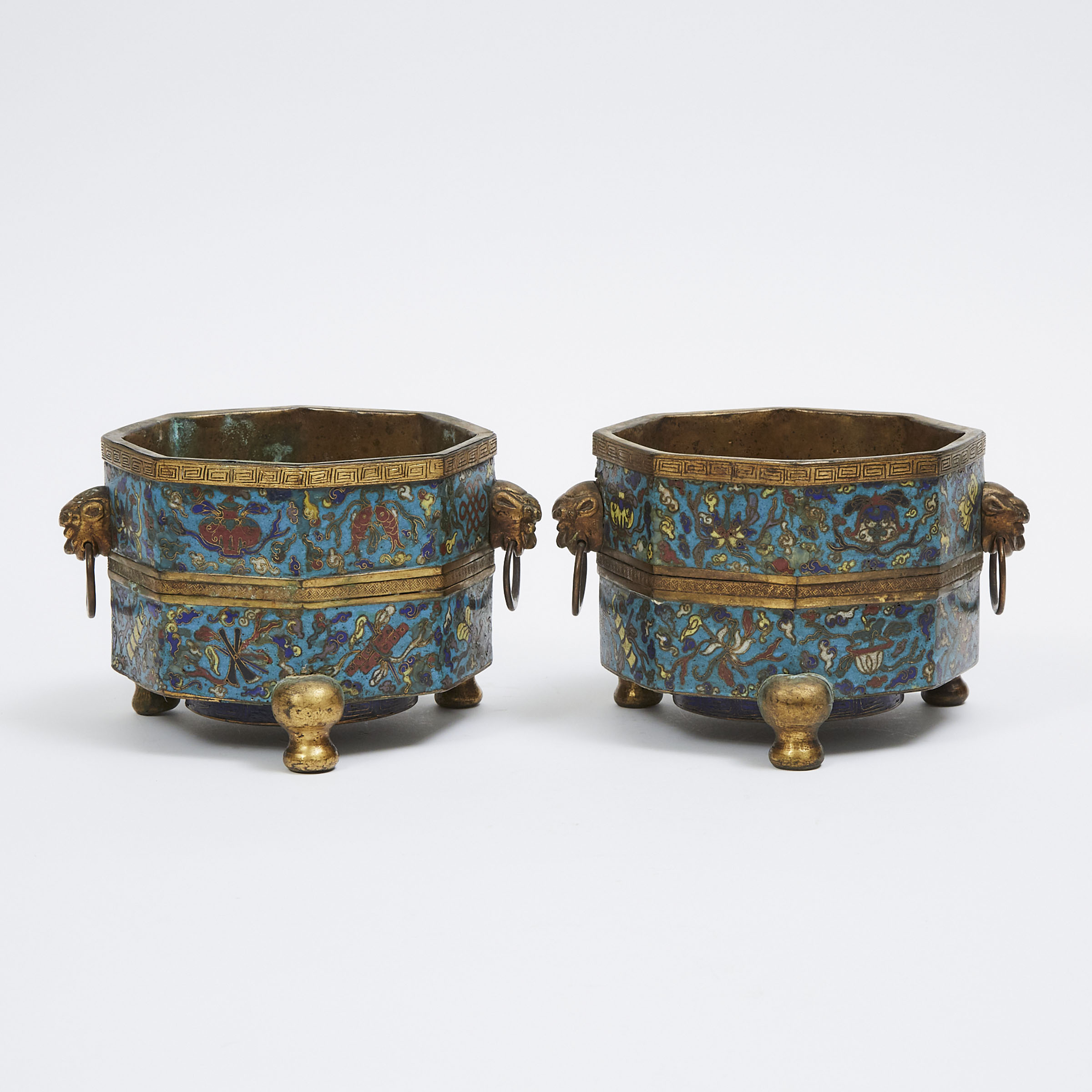 A Pair of Cloisonné 'Eight Buddhist Emblems' Octagonal Vessels, 18th Century, Qing Dynasty