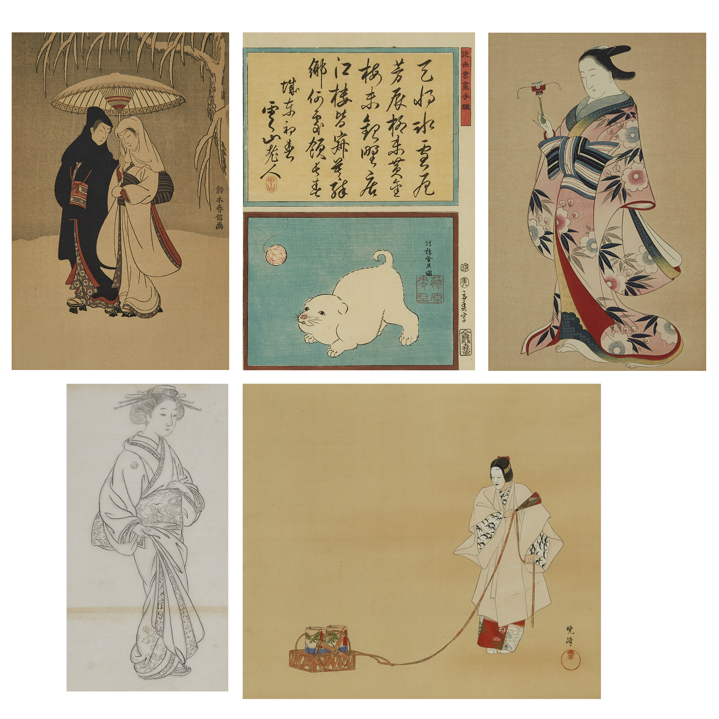 A Group of Five Japanese Woodblock Prints and Drawings, 20th Century