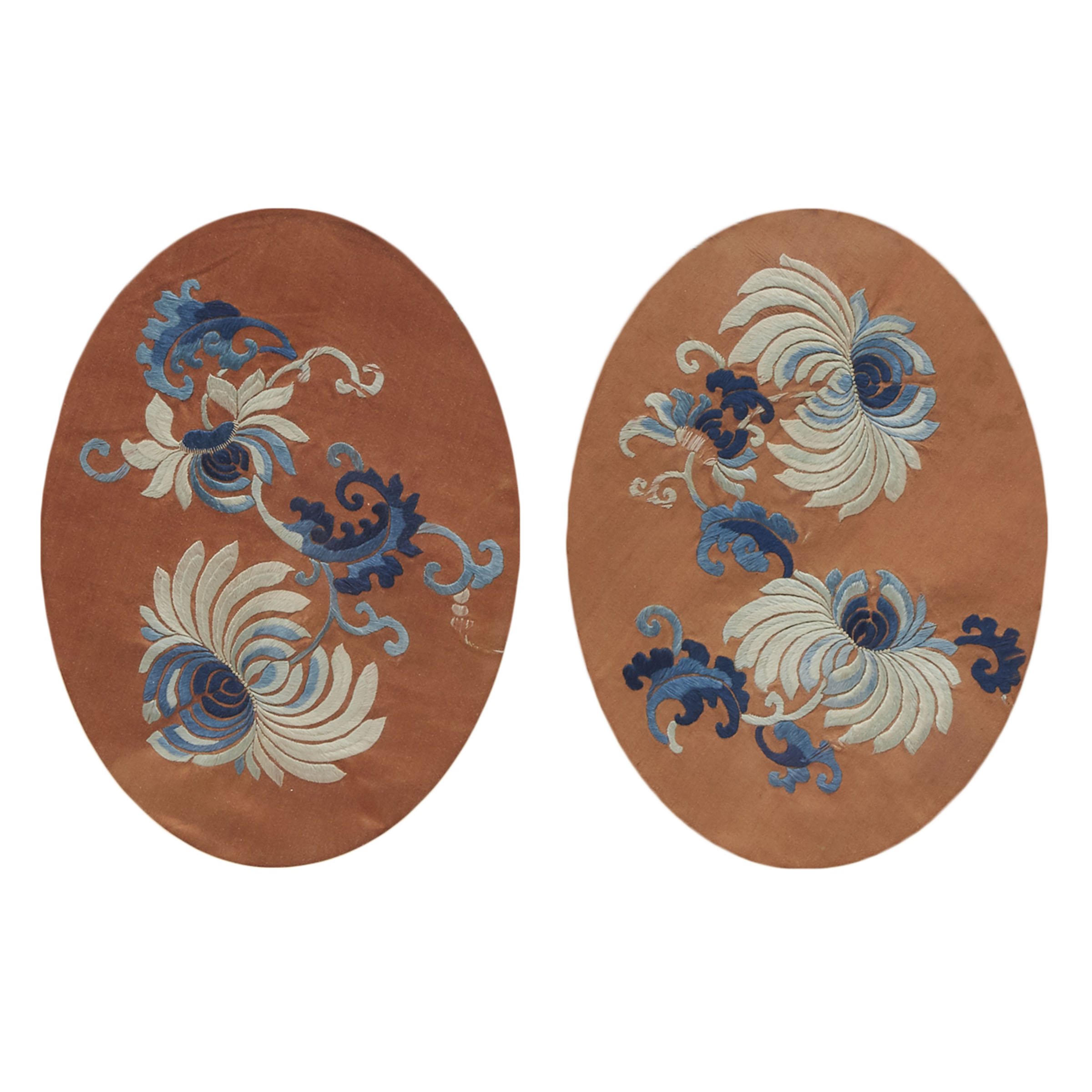 A Pair of Framed Silk Embroideries of Chrysanthemums, 19th Century