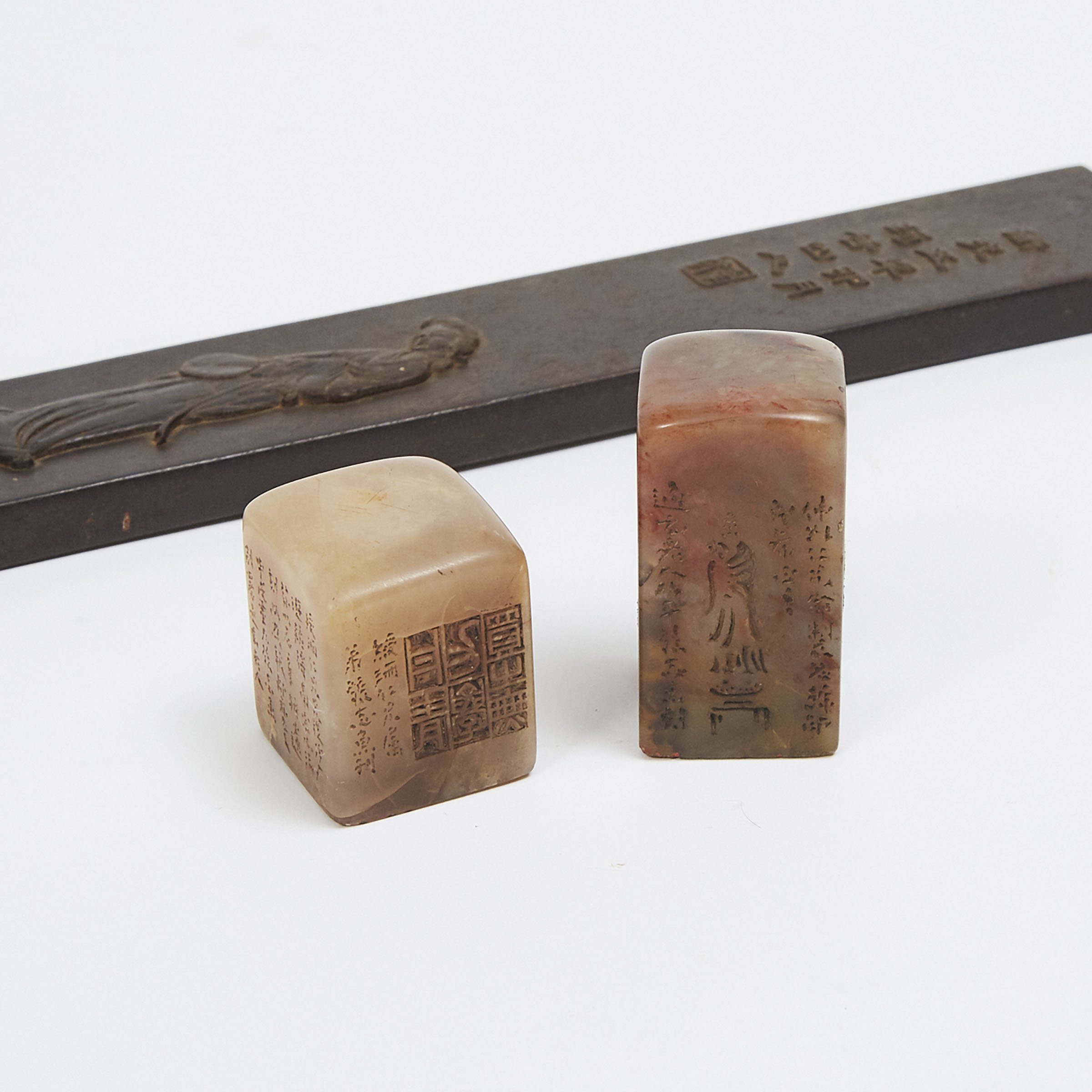 A Hardwood Carved Scroll Weight and Two Soapstone Seals