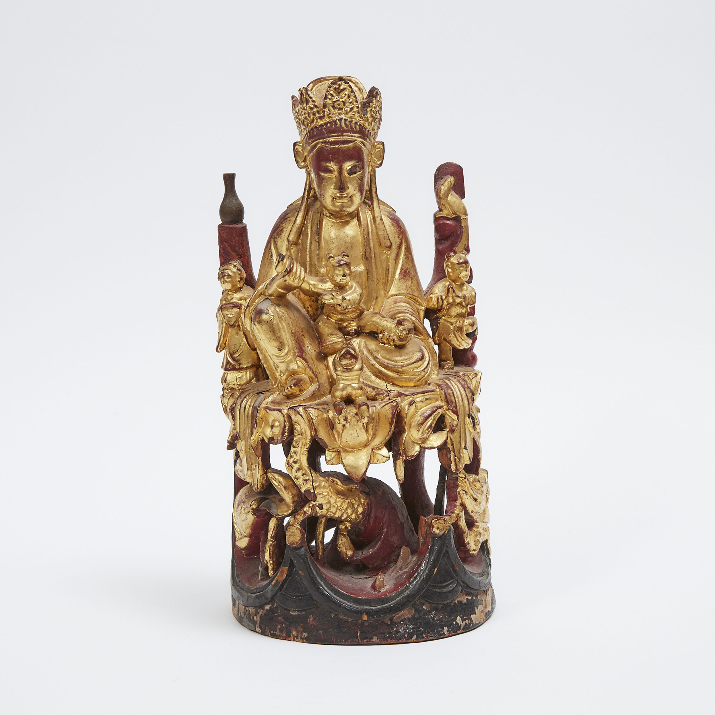 A Gilt Wood Carved Guanyin and Child, 19th Century
