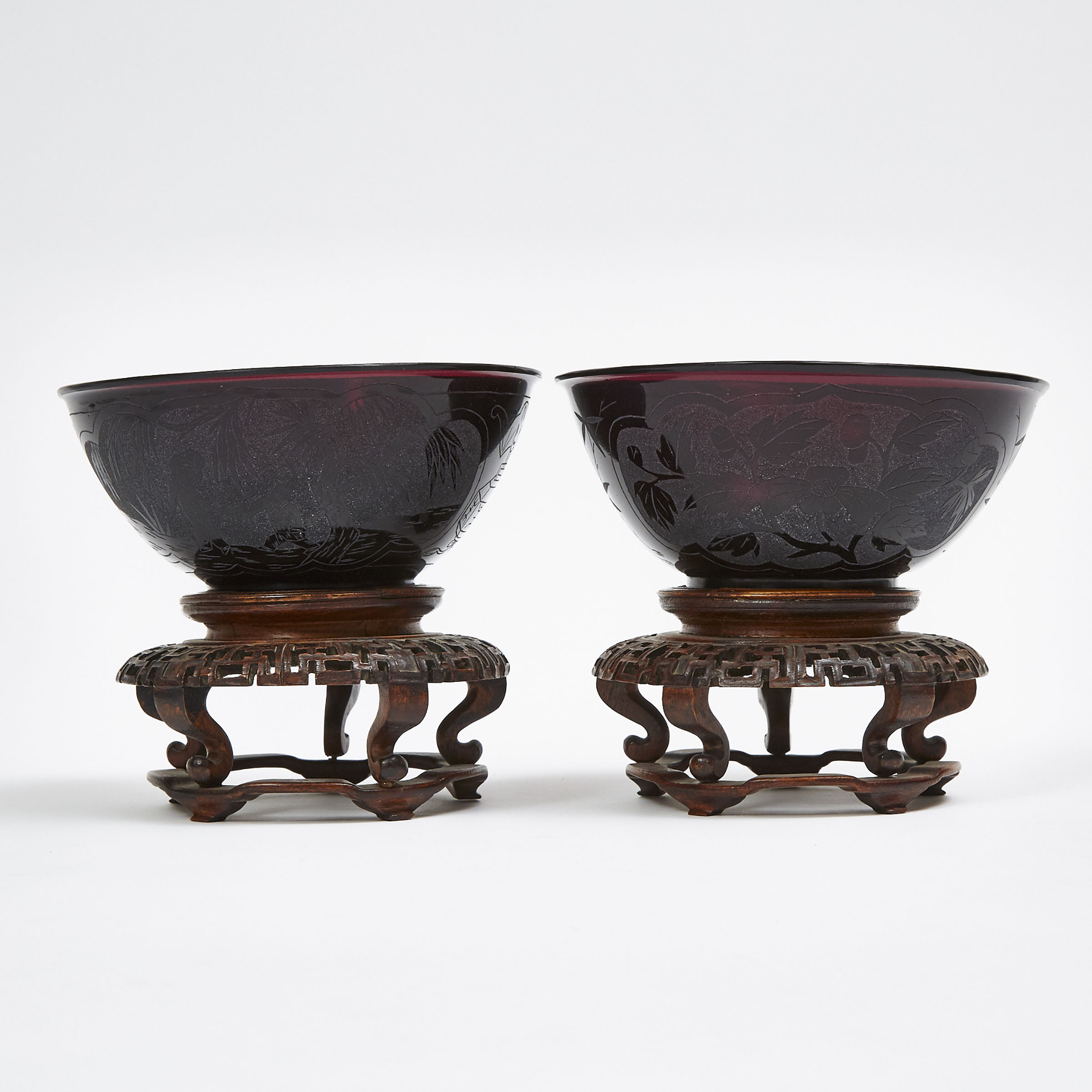 A Pair of Purple Peking Glass Bowls