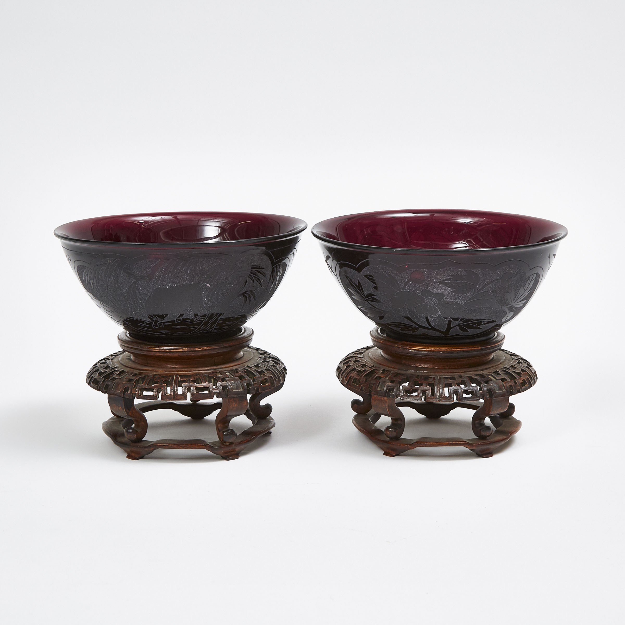 A Pair of Purple Peking Glass Bowls