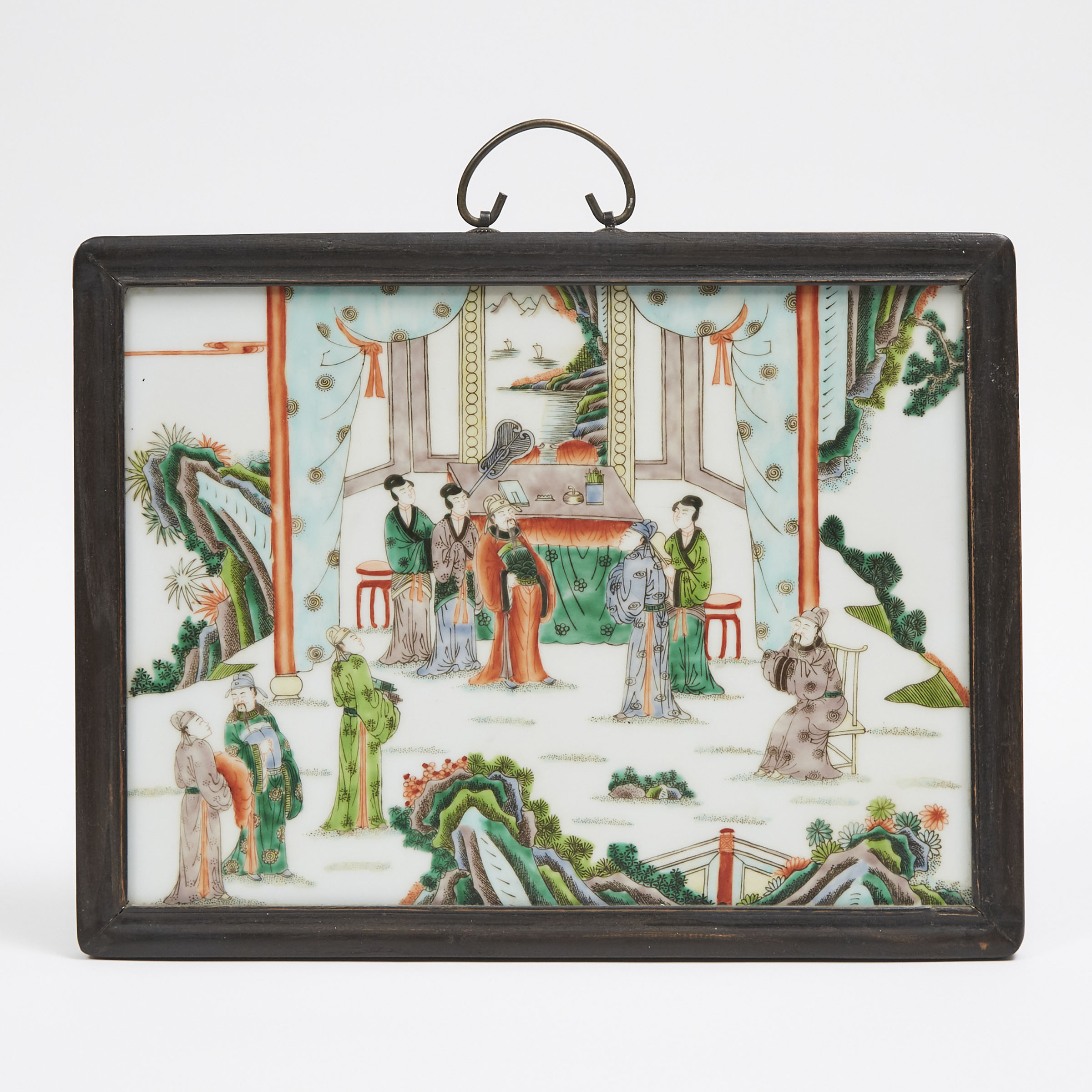 A Framed Famille Verte Figural Porcelain Panel 