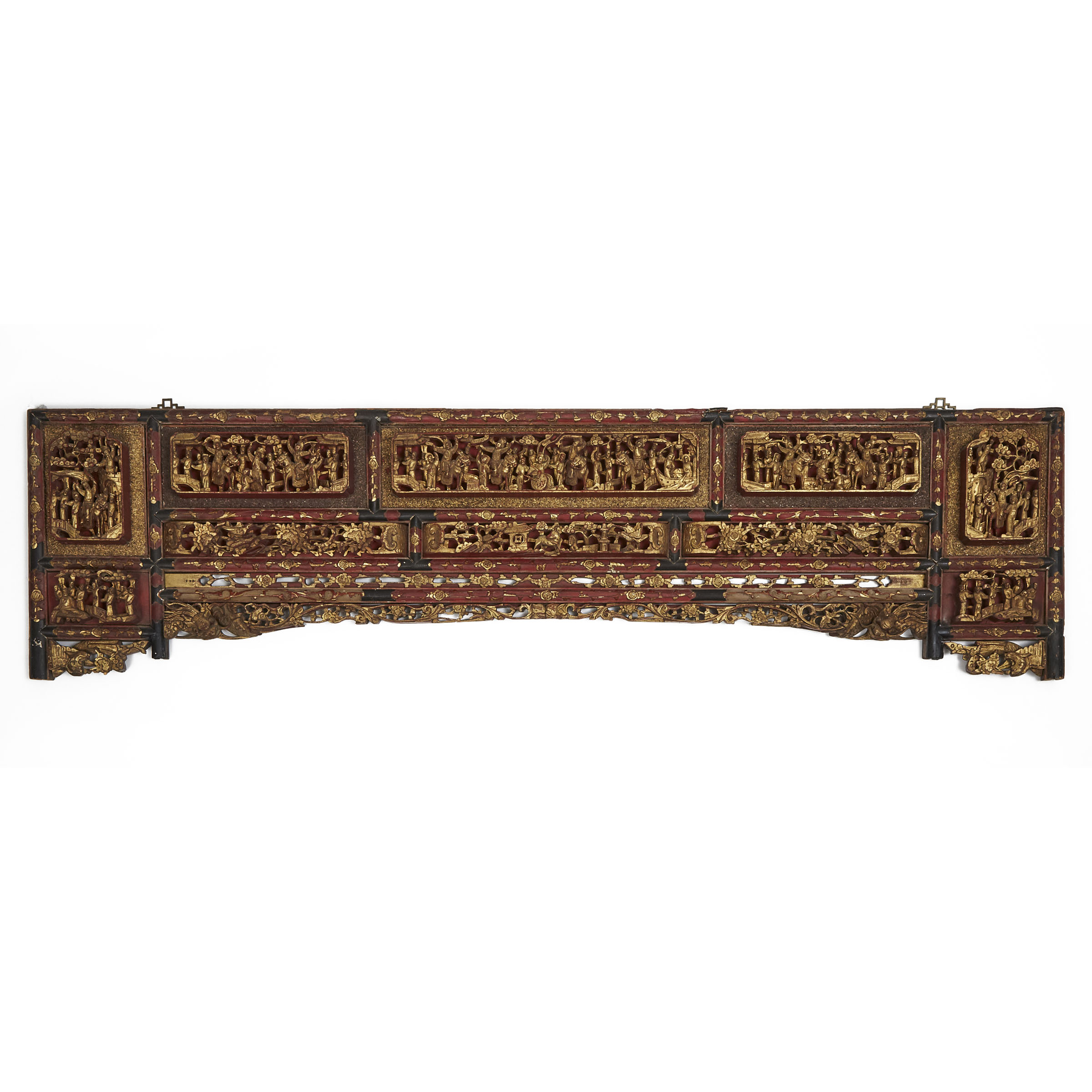 A Large Gilt Lacquer Headboard Carved with Figural Landscapes, 19th Century