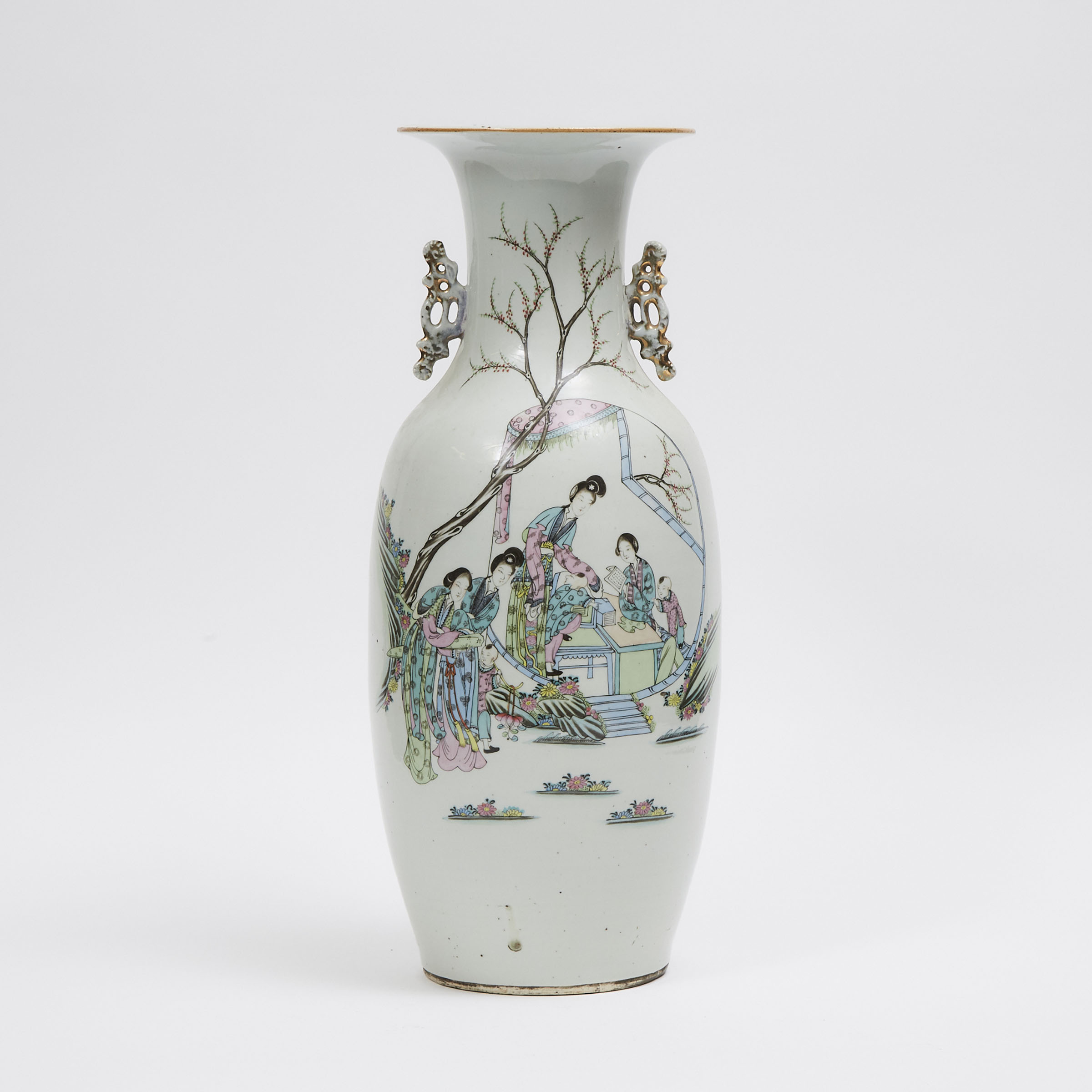 A Large Polychrome Enameled Porcelain Vase with Figures and Calligraphy