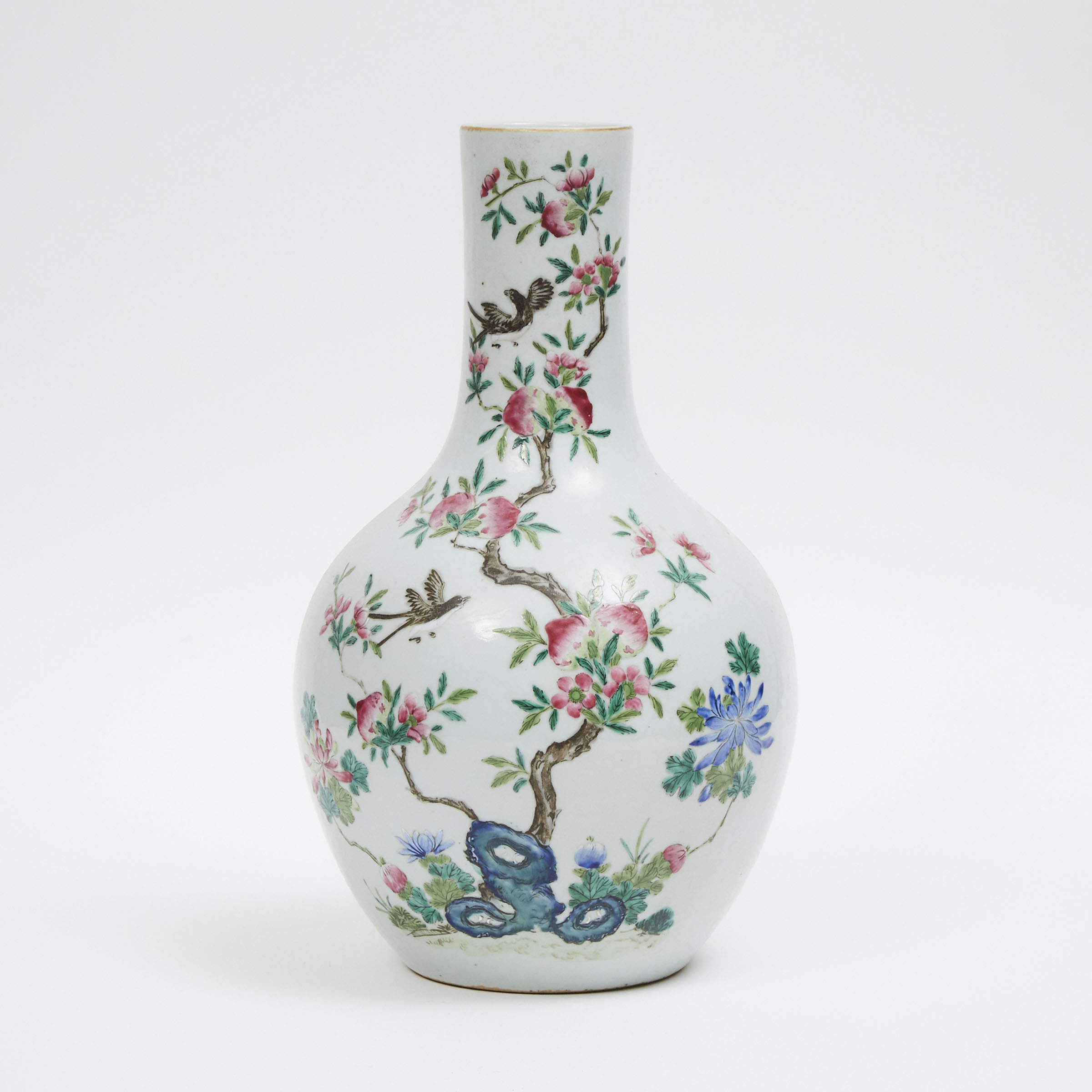 A Famille Rose 'Magpie and Peach' Tianqiuping Vase, Qing Dynasty