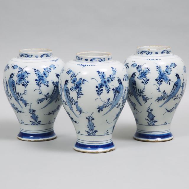 Set of Three Delft Blue Painted Baluster Vases, late 18th/19th century