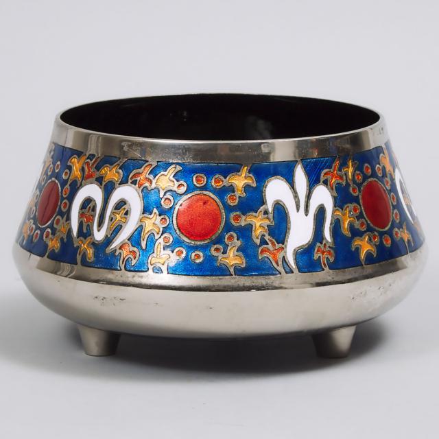 Miguel Pineda Enamelled and Nickelled Copper Footed Bowl, Mexico, mid 20th century