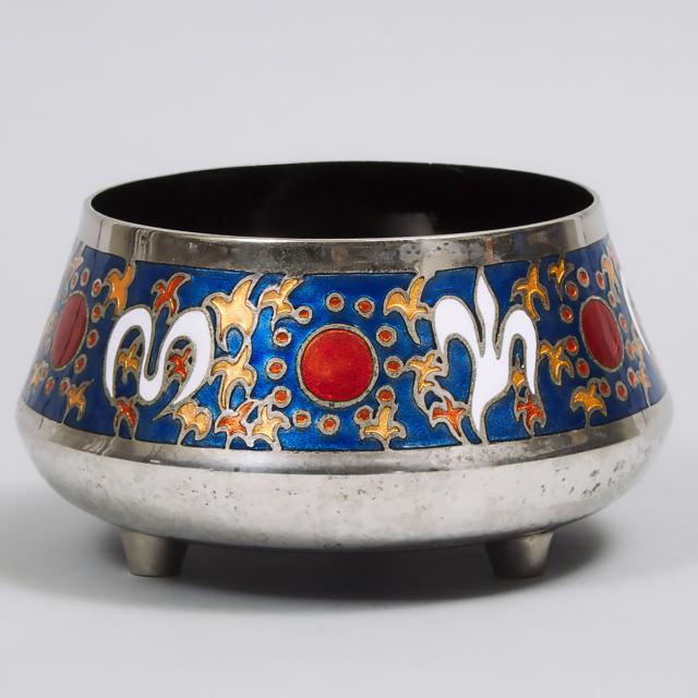 Miguel Pineda Enamelled and Nickelled Copper Footed Bowl, Mexico, mid 20th century
