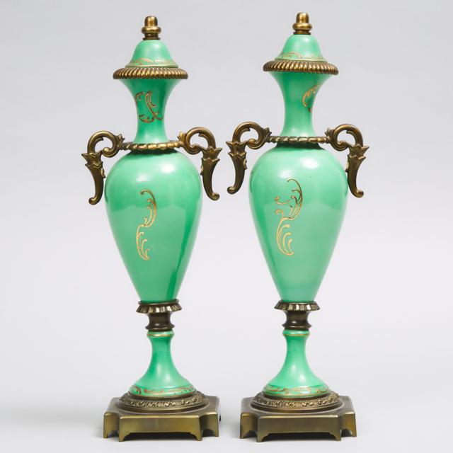 Pair of  'Sèvres' Apple Green Ground Gilt Metal Mounted Mantle Urns, 20th century