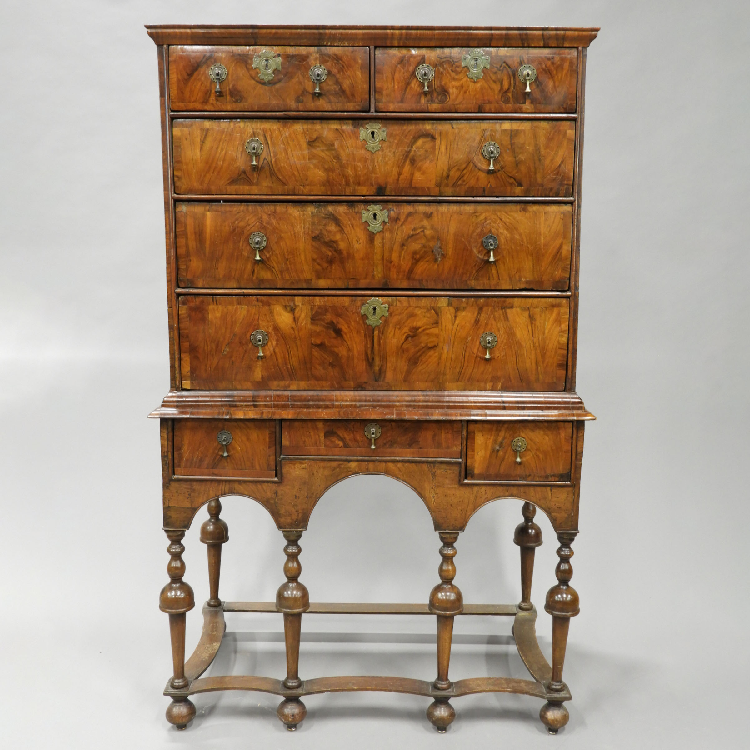 William and Mary Cross Banded Figured Walnut Chest on Stand, early 18th century