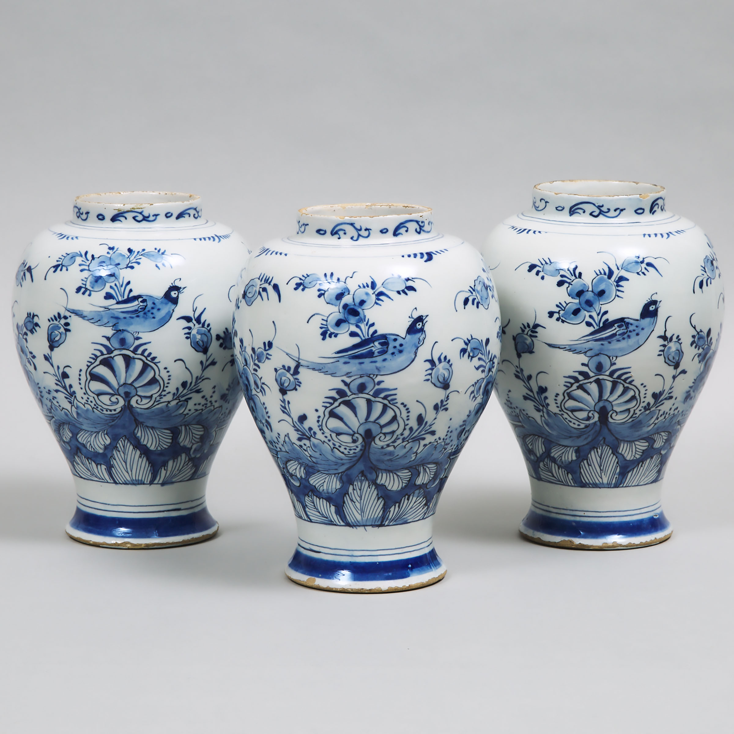 Set of Three Delft Blue Painted Baluster Vases, late 18th/19th century