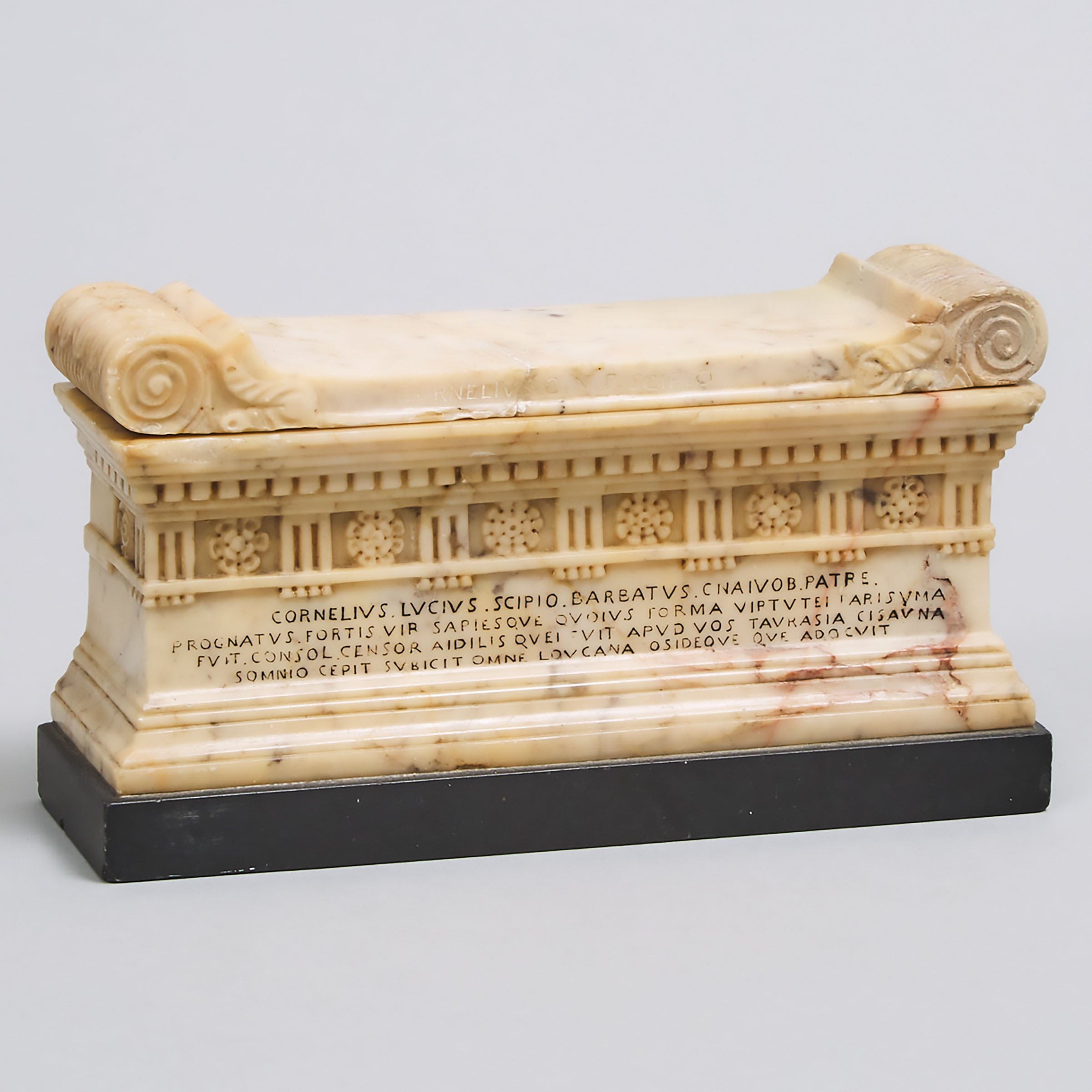 Italian Grand Tour Souvenir Sienna Marble Model of the Sarcophagus of Lucius Cornelius Scipio Barbatus, 19th century