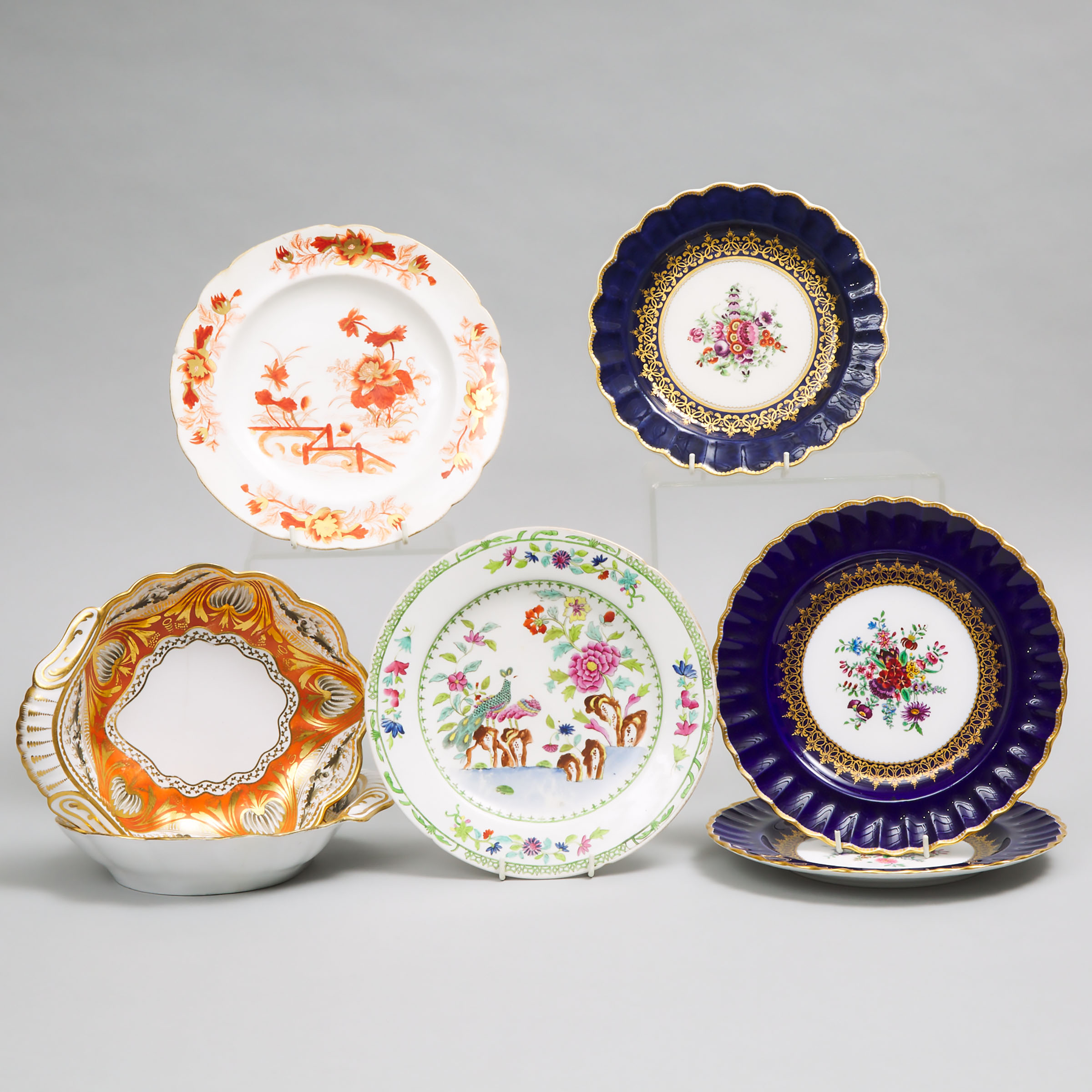 Five English Porcelain Plates and Two Shell Shaped Serving Dishes, 19th century