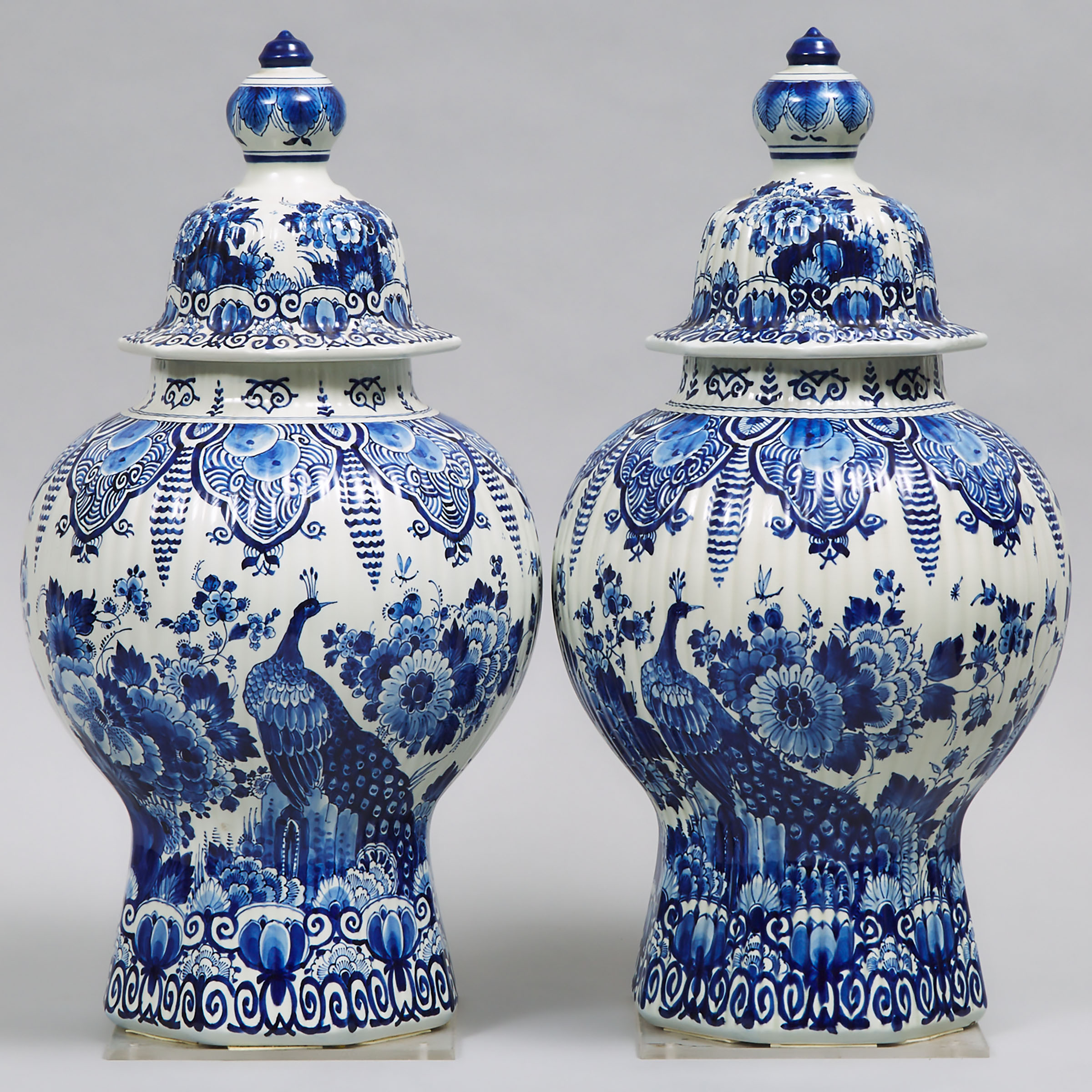 Pair of Delft Fluted Octagonal Baluster Covered Vases, 20th century