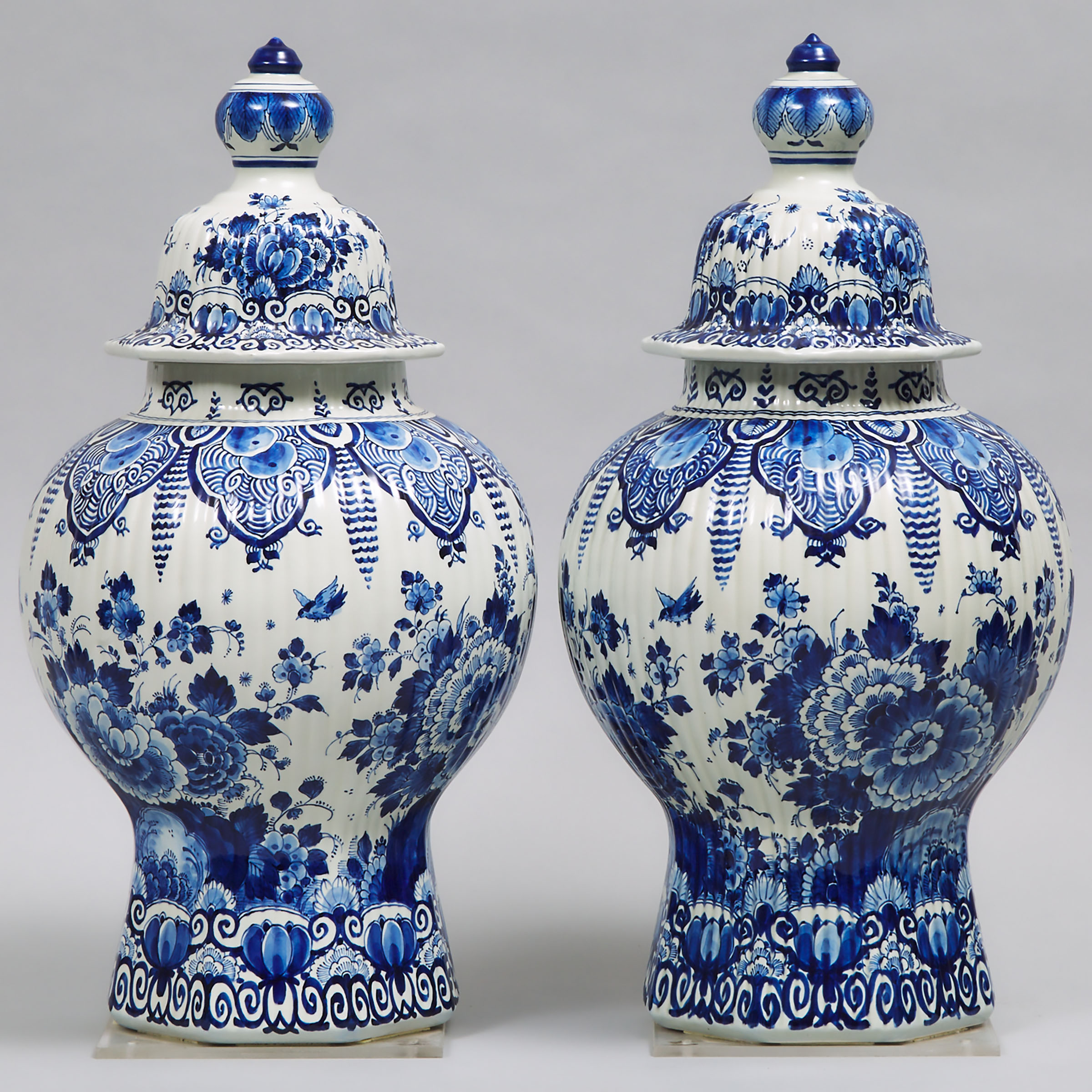 Pair of Delft Fluted Octagonal Baluster Covered Vases, 20th century