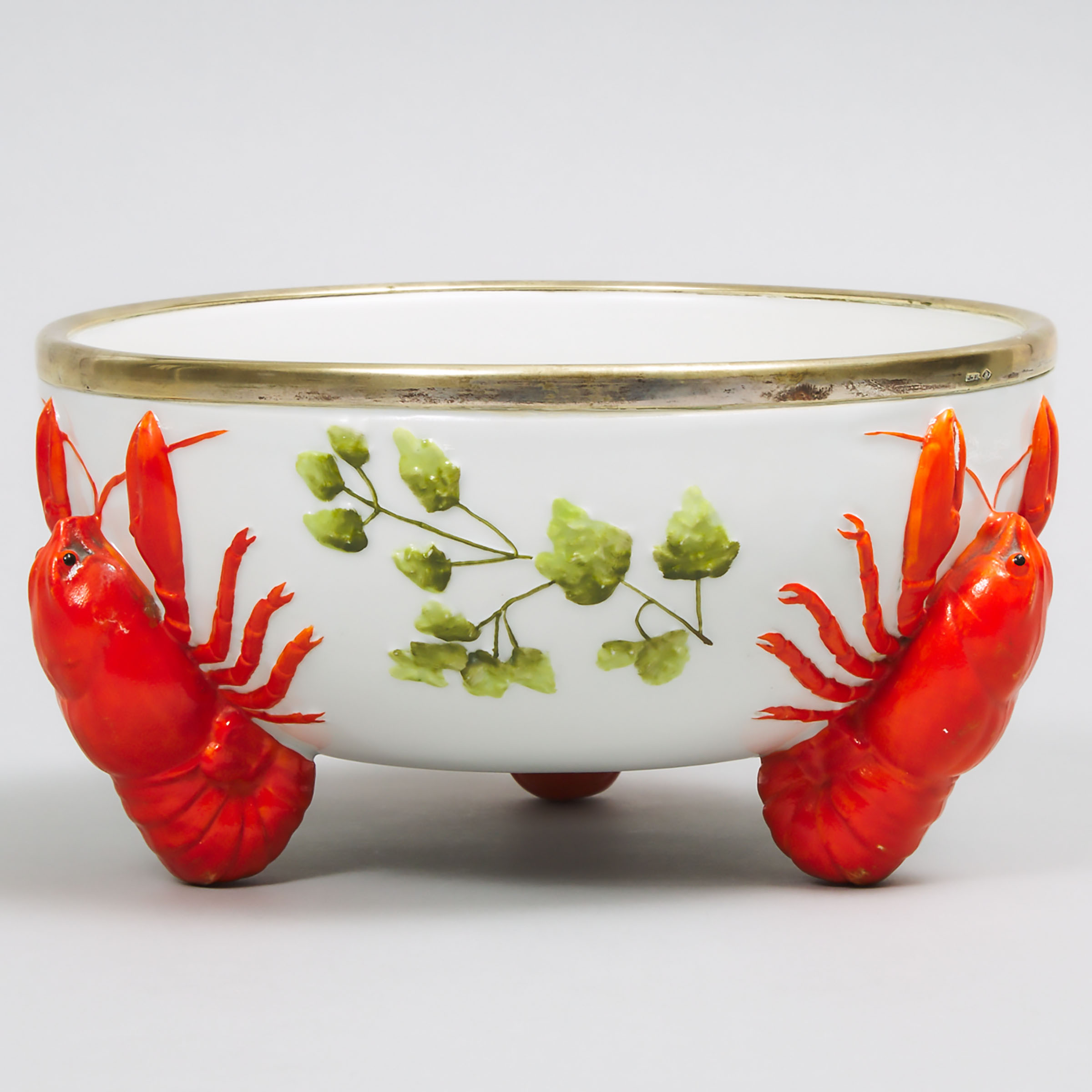 German Silvered Metal Mounted Porcelain Lobster Salad Bowl, early 20th century