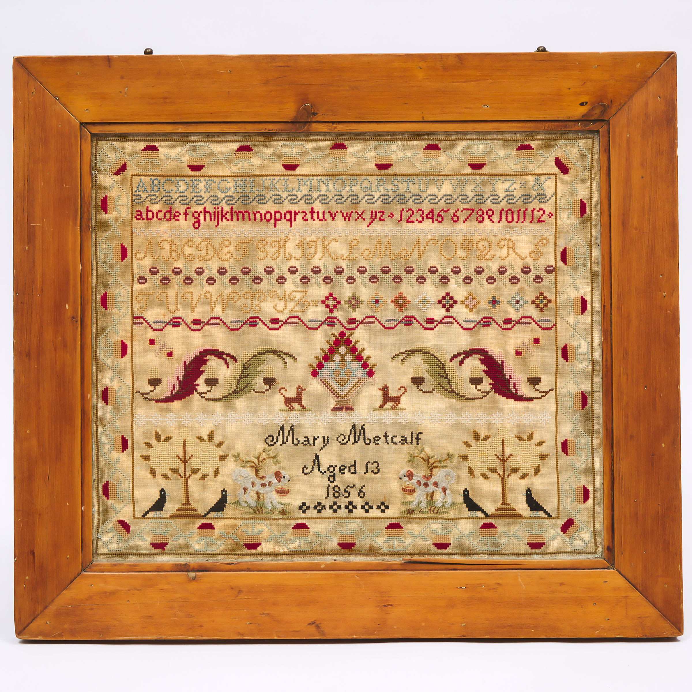 Large Alphabet and Pictorial Sampler, Mary Metcalf, 1856