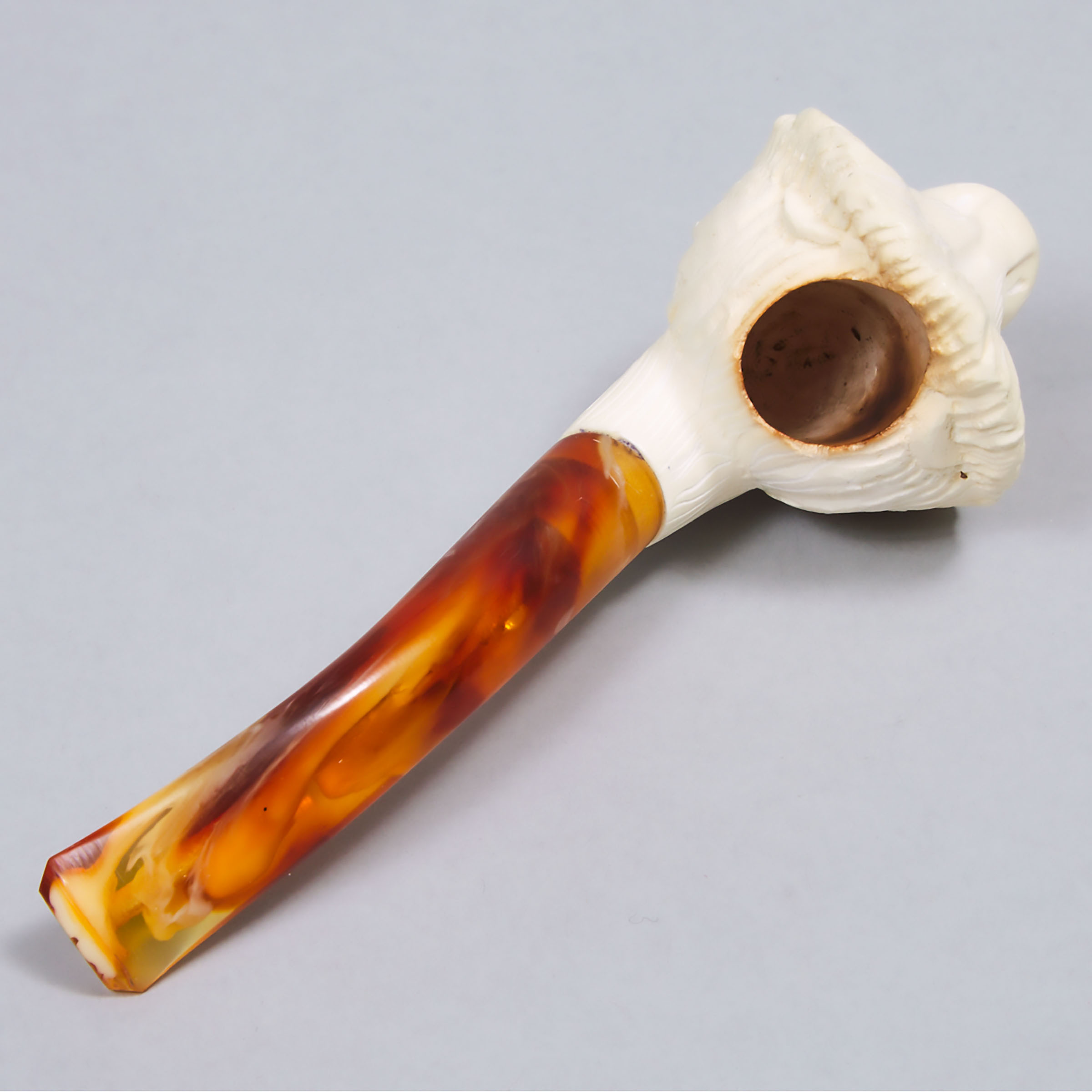 Carved Meerschaum And Amber Pipe, formed as a lion's head; in a fitted case