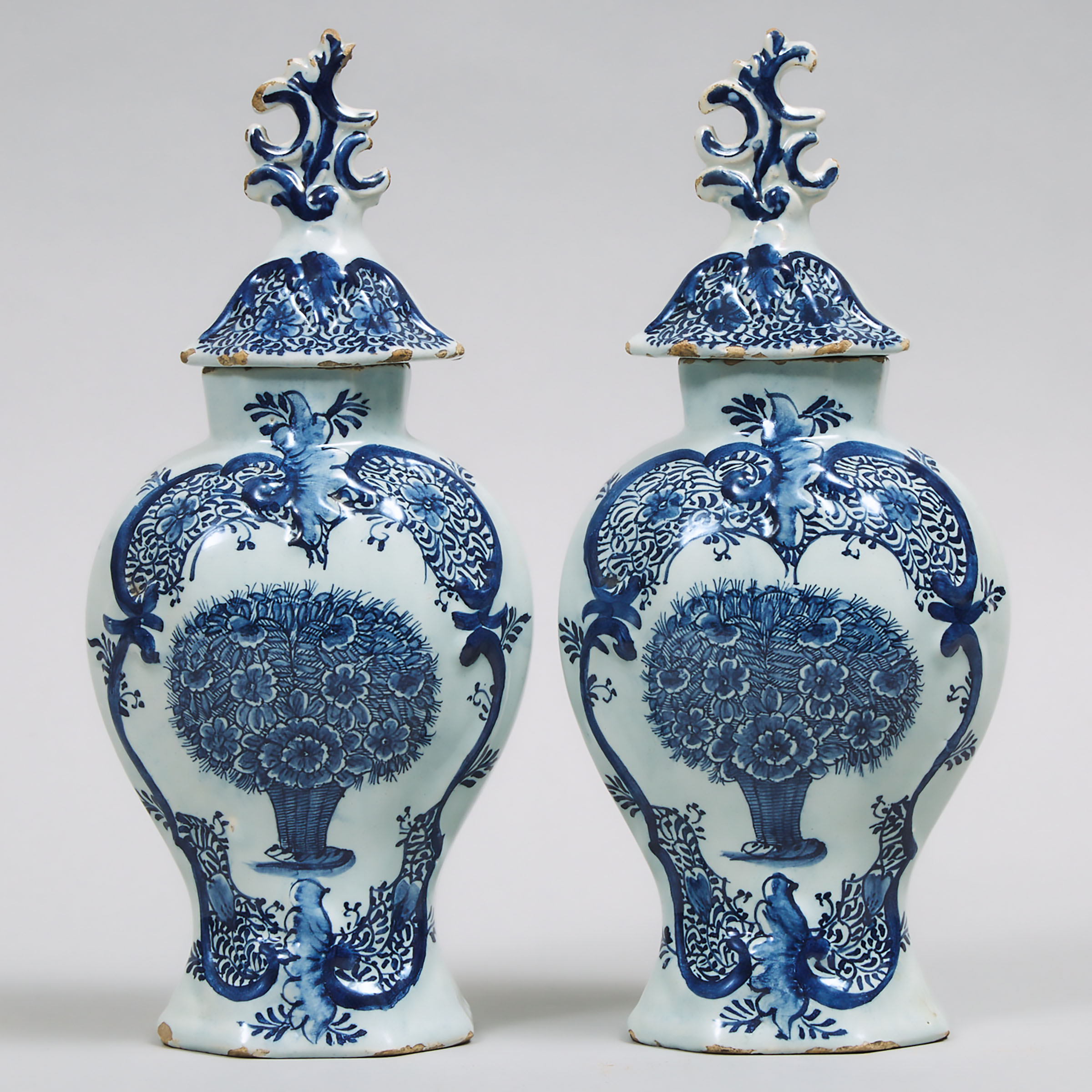 Pair of Delft Blue Painted Vases and Covers, late 18th/19th century