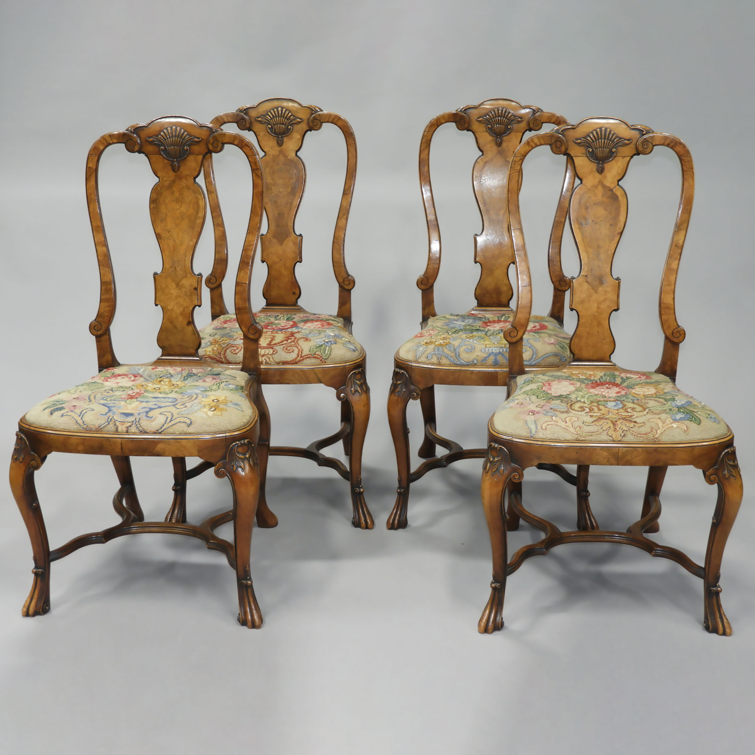 Set of Four Dutch Queen Anne Style Carved and Inlaid Burl Walnut Side Chairs, 19th century