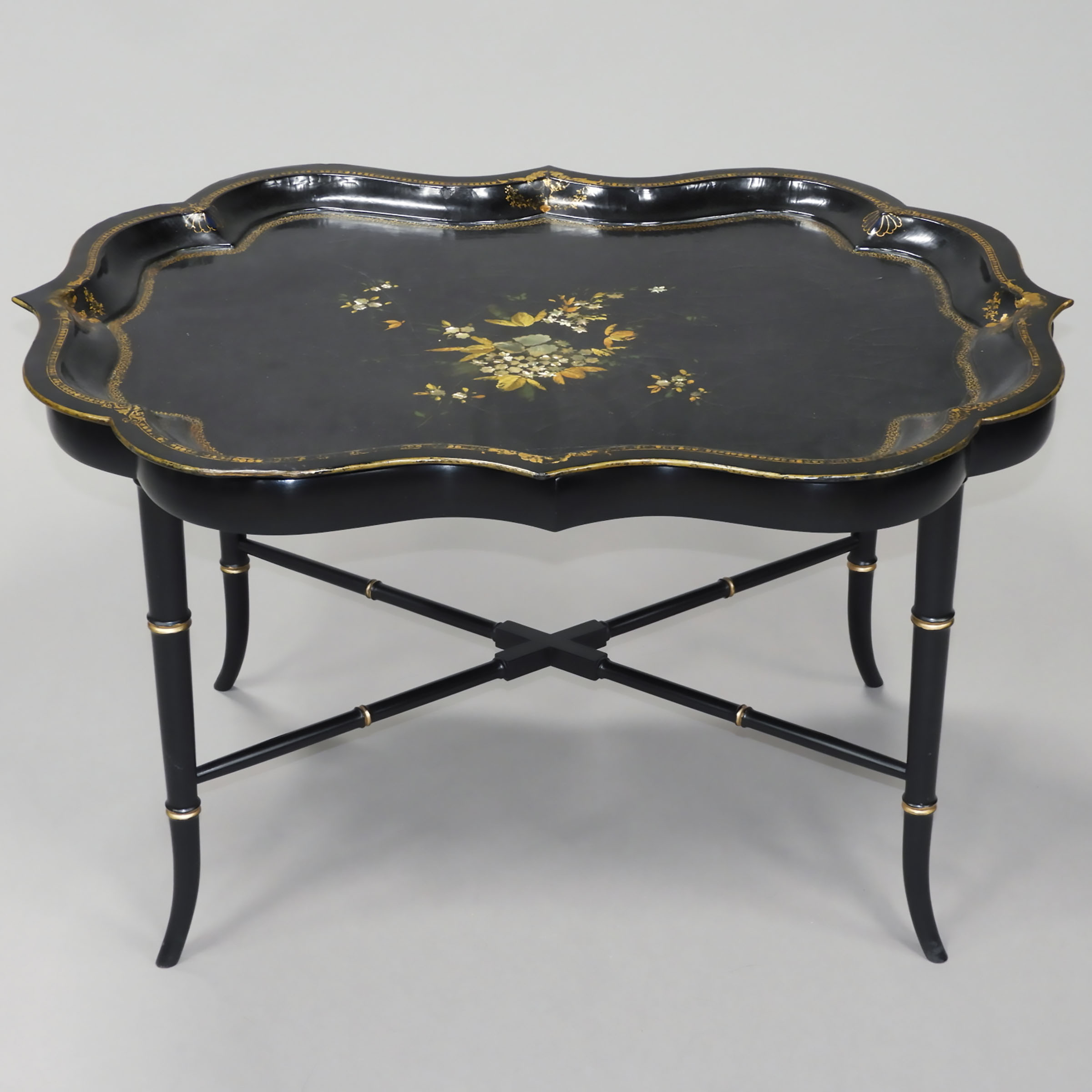 Victorian Black Lacquered Papier Maché Tea Tray on Stand, mid 19th century and Later