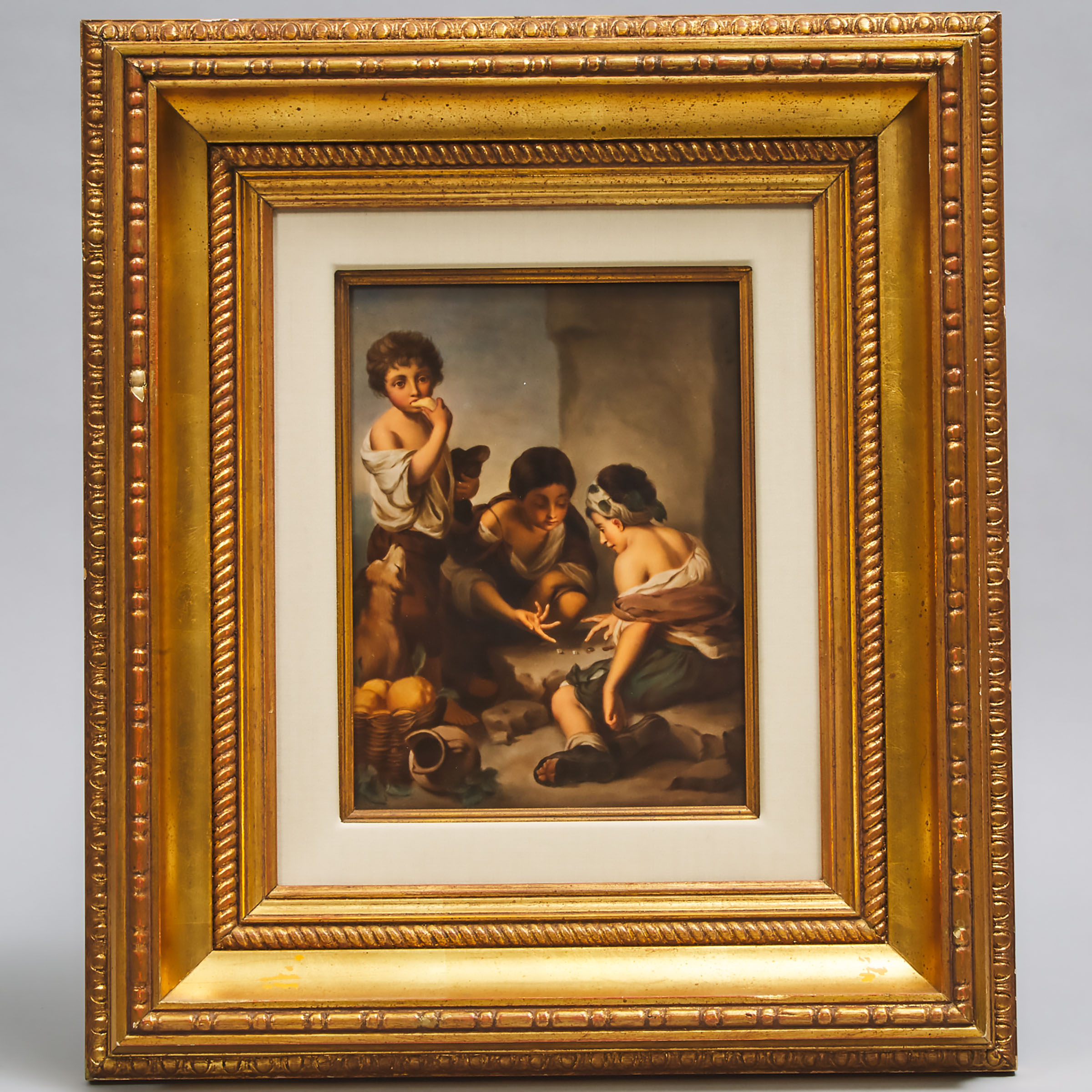 Berlin Rectangular Plaque of 'Children Playing Dice', after Murillo, late 19th century