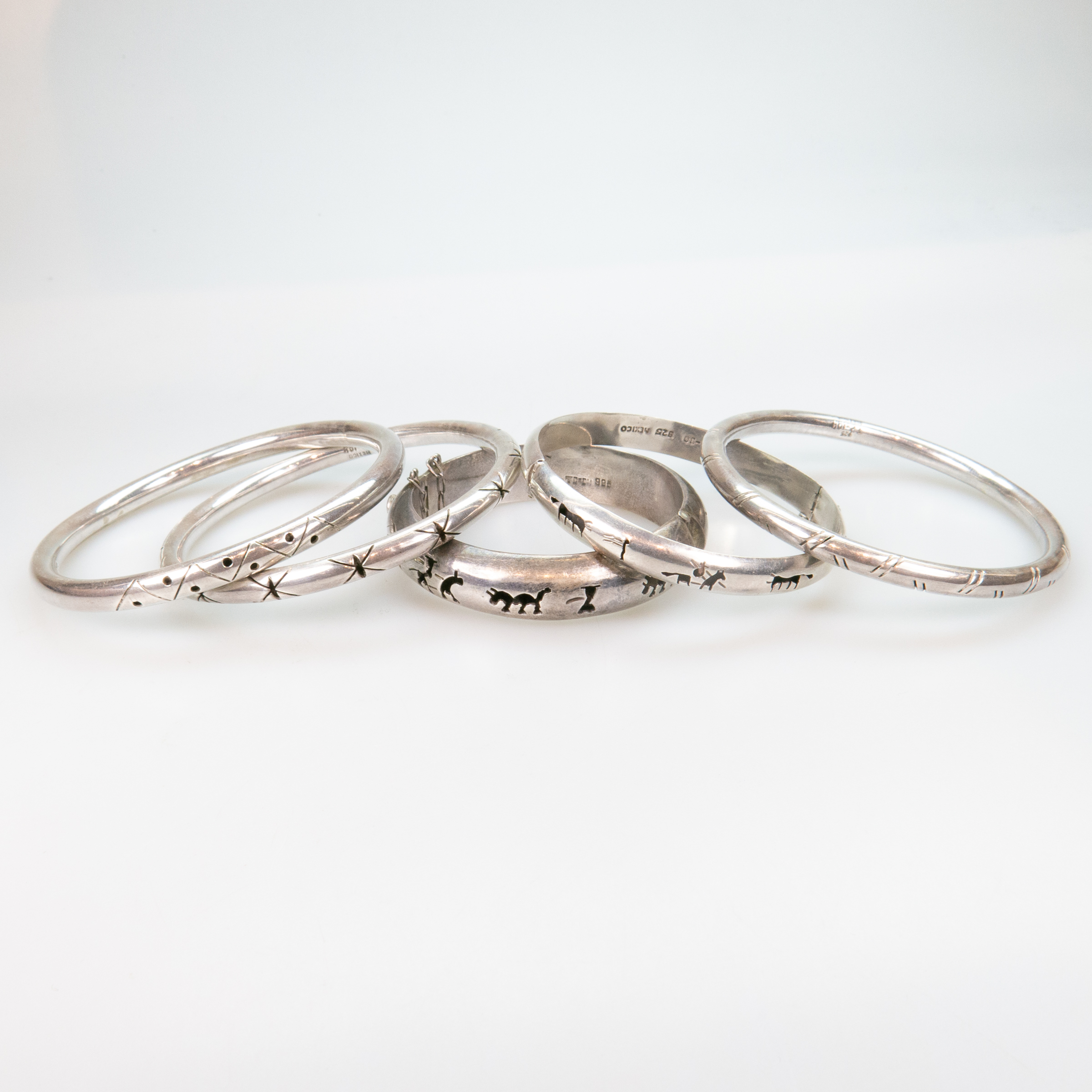 5 Mexican Sterling Silver Shadow Box Bangles