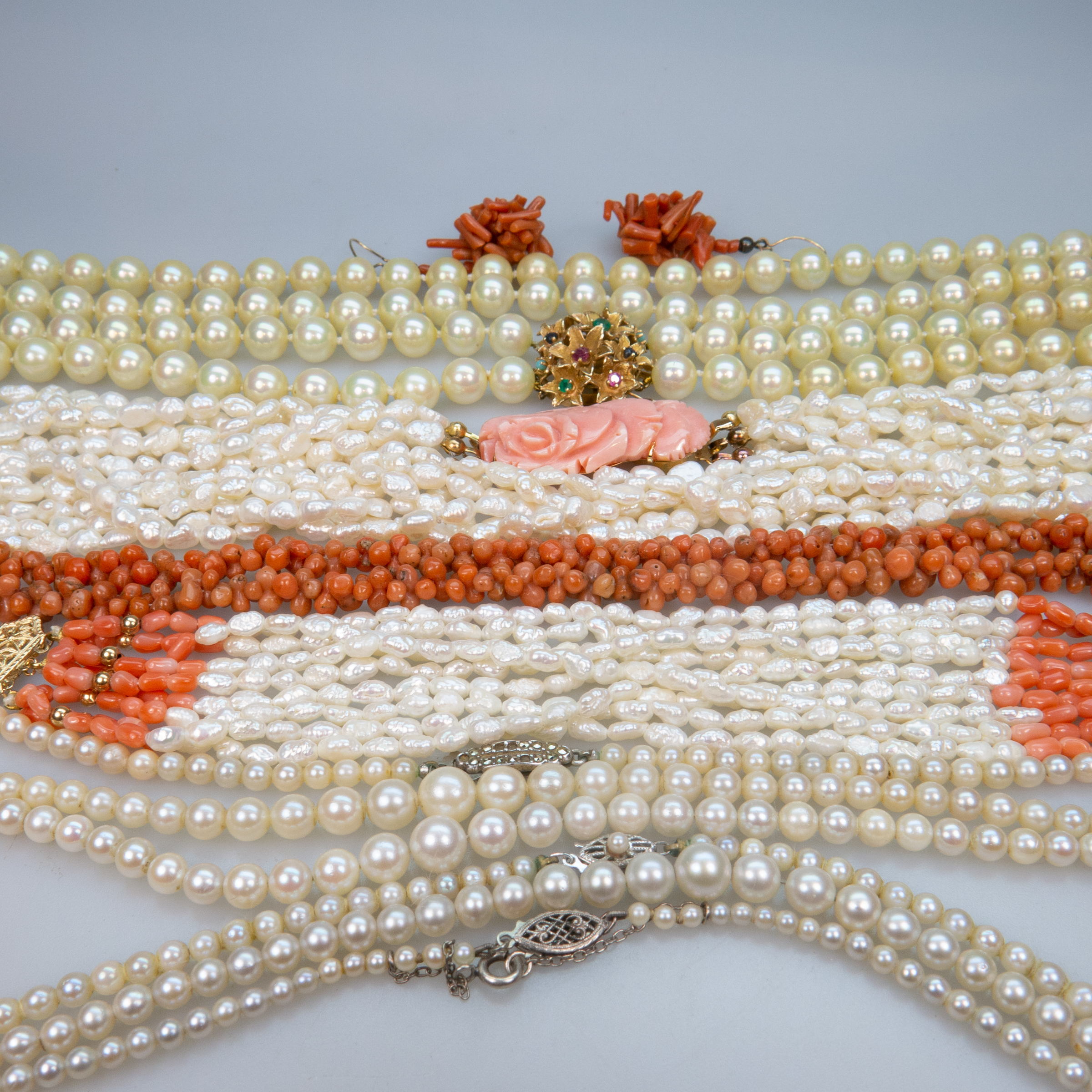 Small Quantity Of Pearl, Freshwater Pearl, And Coral Necklaces