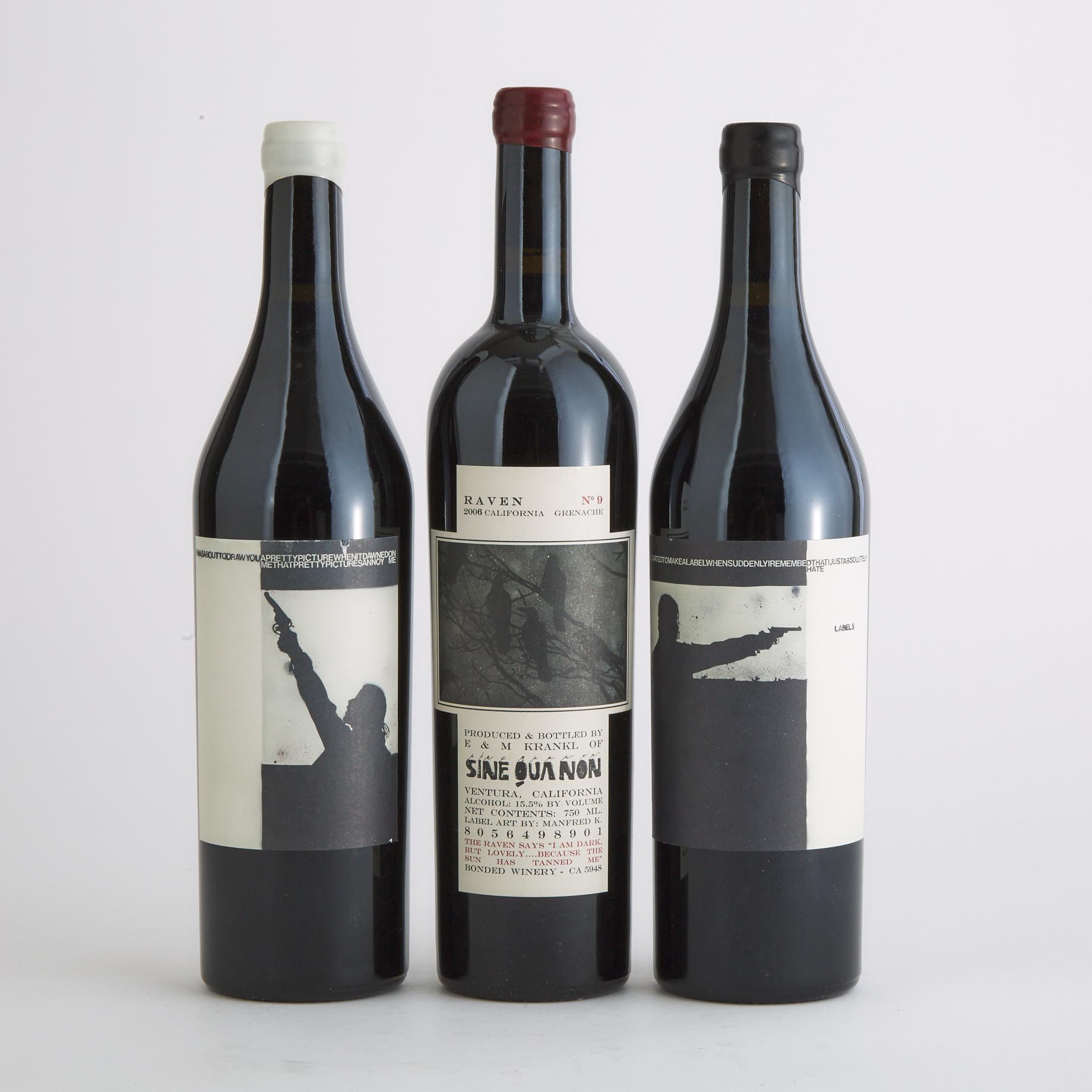 SINE QUA NON GRENACHE PICTURES 2007 (1) WA 97
SINE QUA NON GRENACHE RAVEN SERIES 2006 (1) WA 98
SINE QUA NON SYRAH LABELS 2007 (1) WA 98+