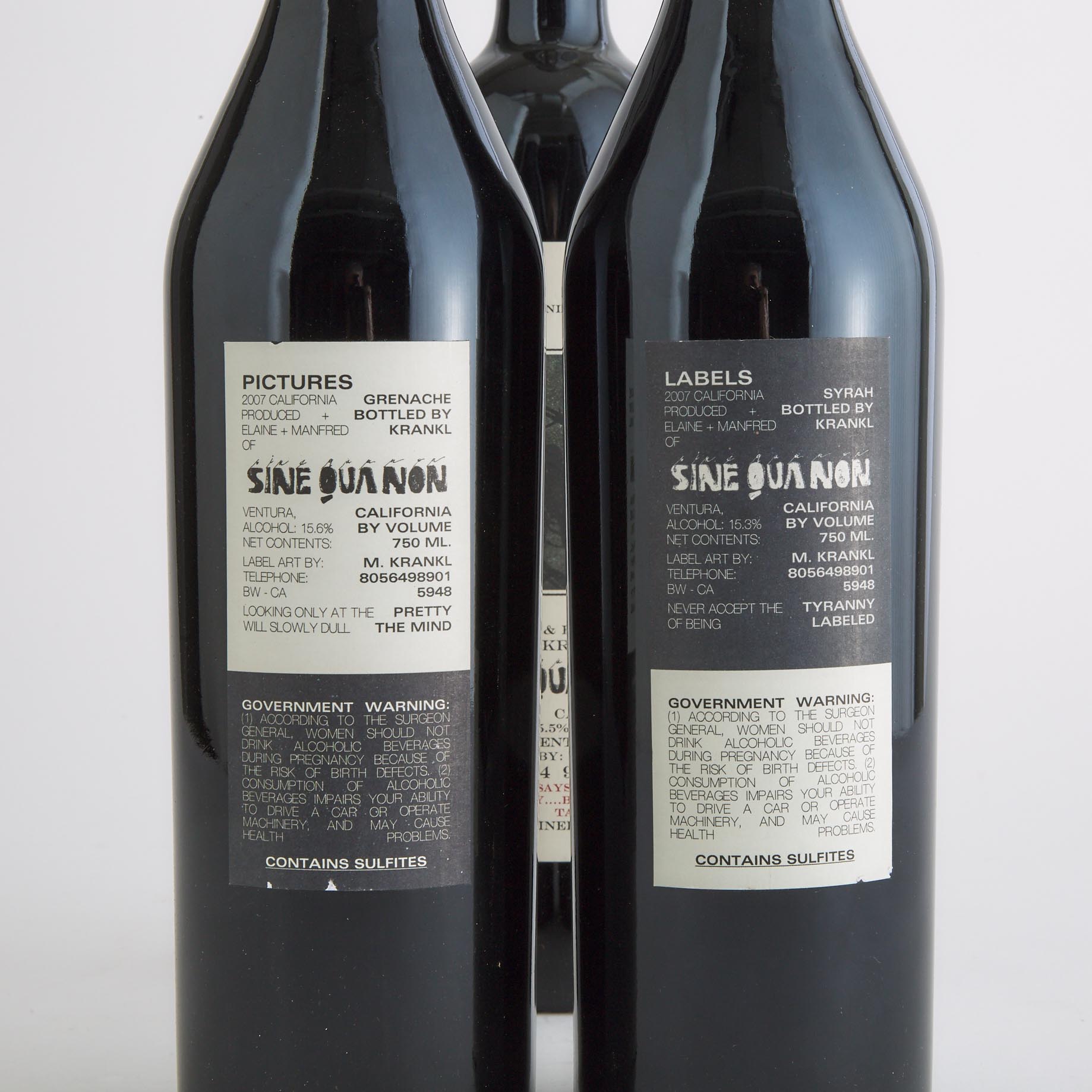 SINE QUA NON GRENACHE PICTURES 2007 (1) WA 97
SINE QUA NON GRENACHE RAVEN SERIES 2006 (1) WA 98
SINE QUA NON SYRAH LABELS 2007 (1) WA 98+