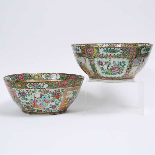A Pair of Large Canton Famille Rose Punch Bowls, 19th Century