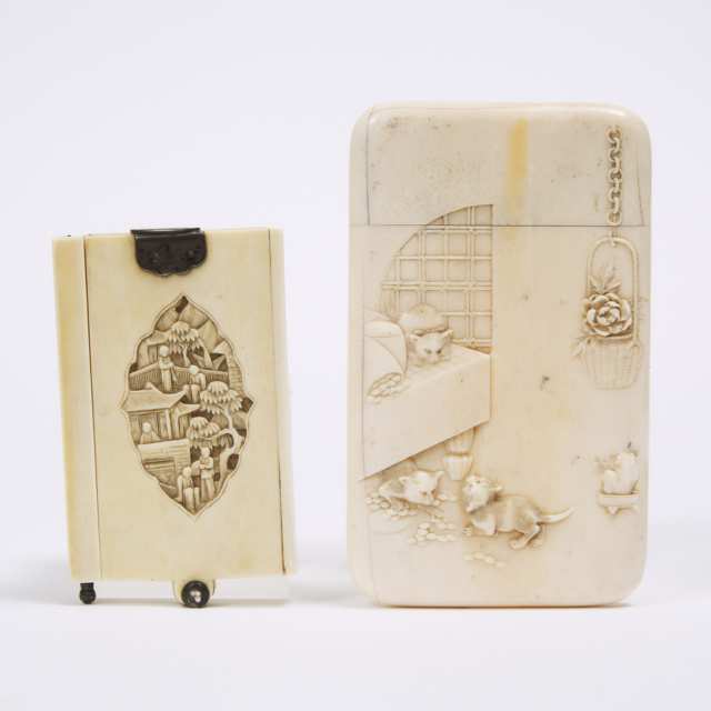 A Finely Carved Japanese 'Cats and Mice' Card Case, together with a Chinese Export Carved Dance Card, 19th Century