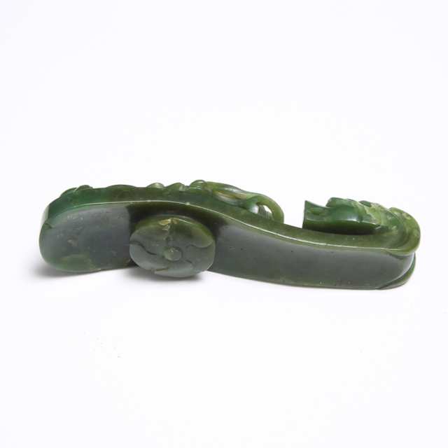 A Spinach Jade 'Dragon' Belt Hook, Qing Dynasty