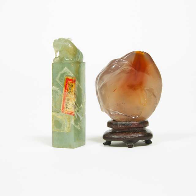 An Agate Carving of a Peach, together with Jadeite 'Mythical Beast' Seal, Qing Dynasty