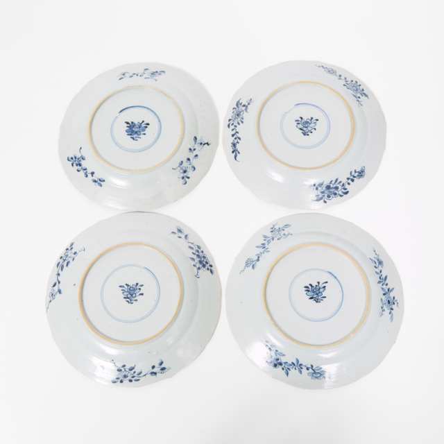 A Set of Four Well-Decorated Blue and White Lobed Plates with Flying Geese for the European Market, 18th Century