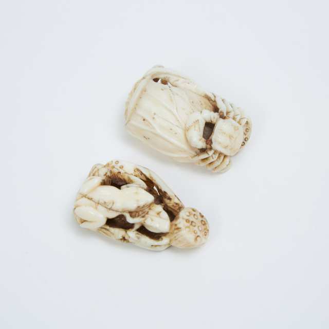 Two Antler and Ivory Carved Netsuke of a Crab and Frogs, Meiji Period