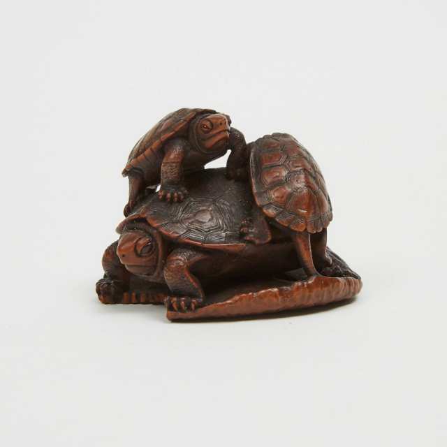 A Boxwood Netsuke of Turtles, Signed Bazan, 19th Century
