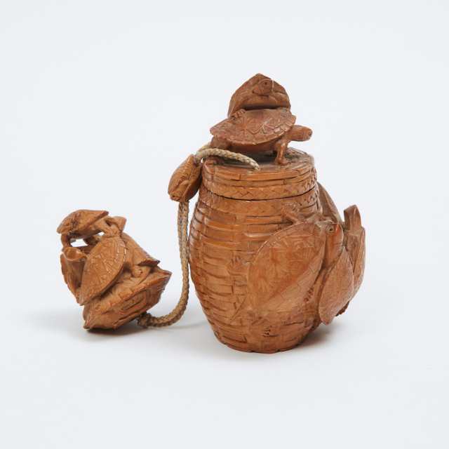 A Group of Three Wood Carved One-Case Inro, One Signed, Meiji Period or Later