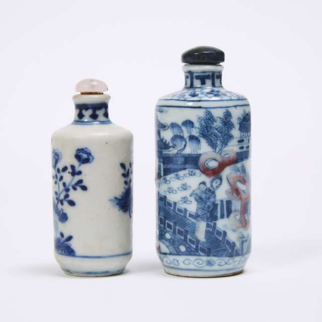 Two Underglaze Porcelain Snuff Bottles, 19th Century