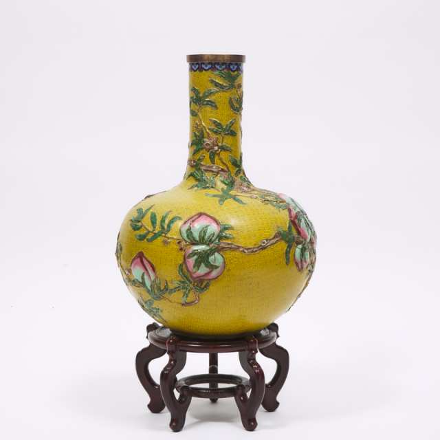 A Large Yellow Ground Cloisonné 'Nine Peaches' Vase, 20th Century