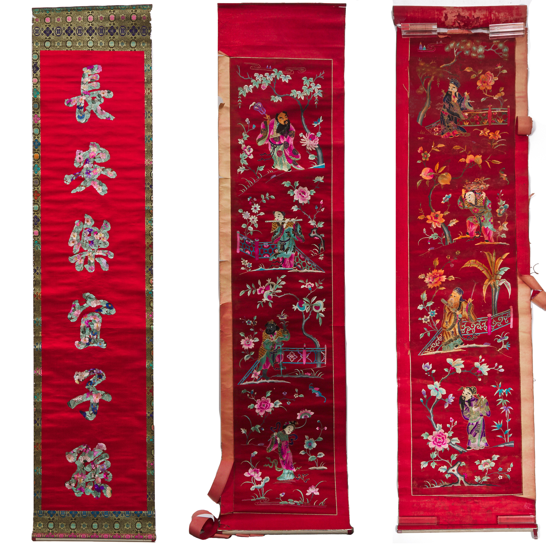 A Group of Three Embroidered Red Silk Panels, Late Qing Dynasty