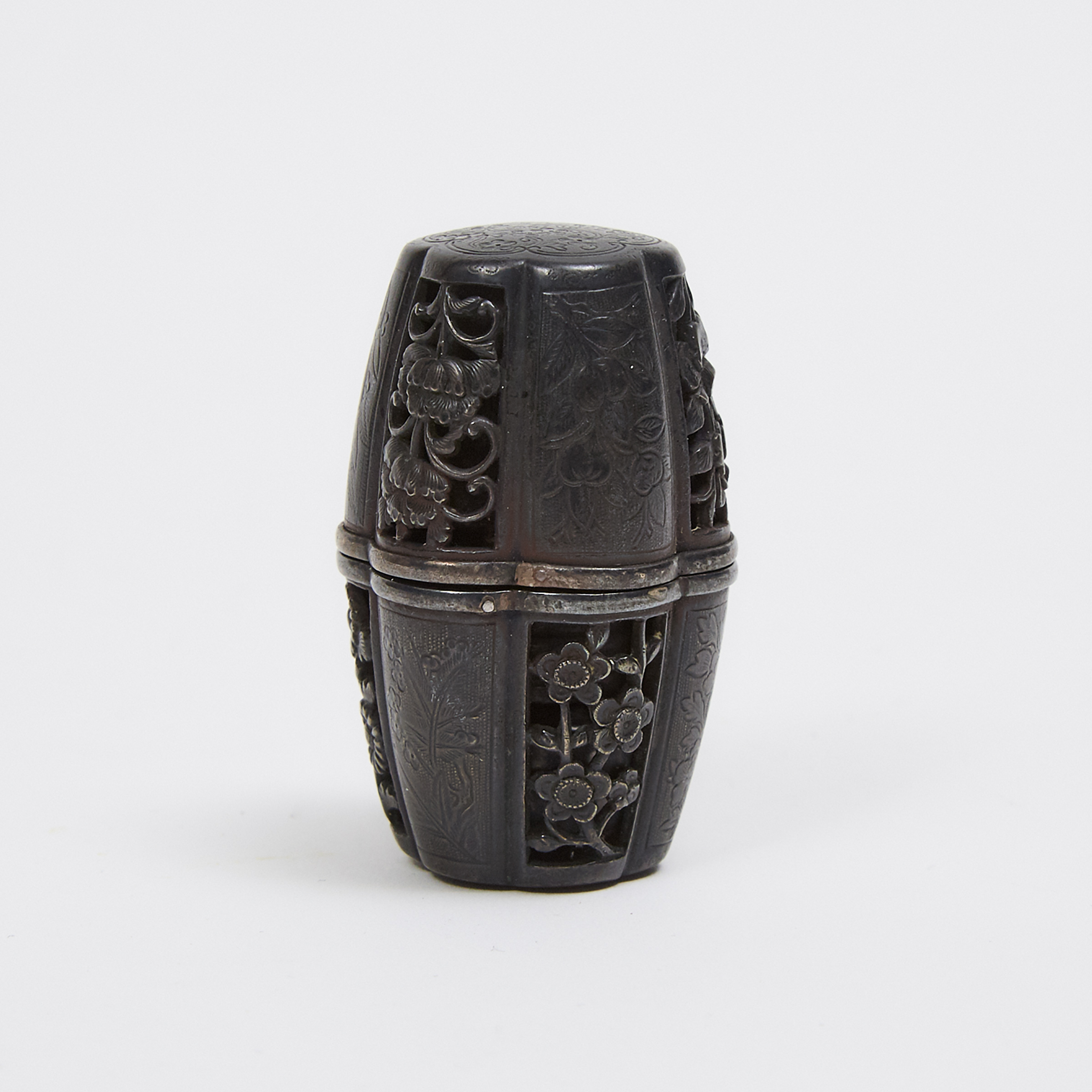 A Shakudo Metal Netsuke of a Barrel with Silver Fitting and Interior Compass, Meiji Period