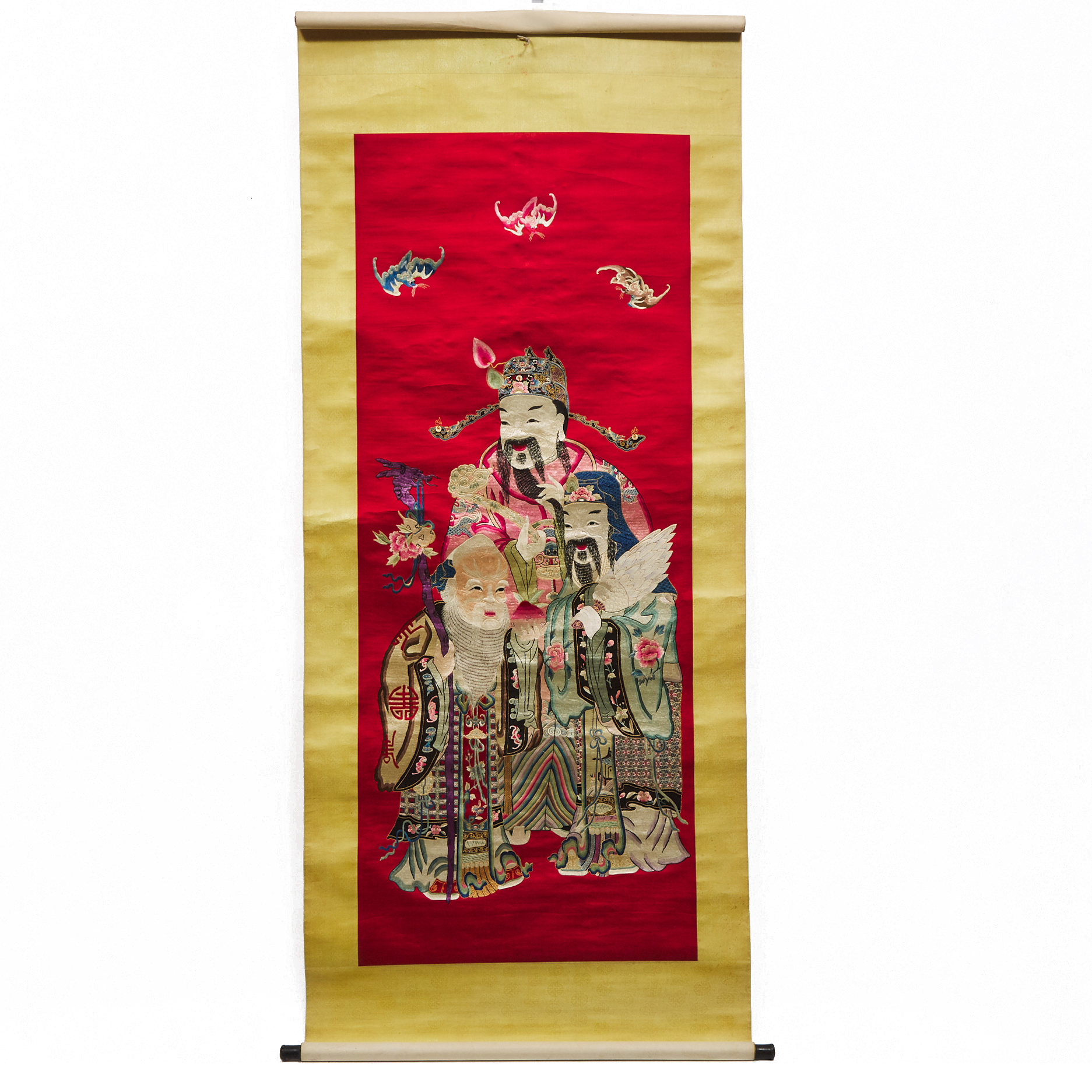 A Chinese Embroidered 'Fu Lu Shou' Red Silk Panel, Late Qing Dynasty