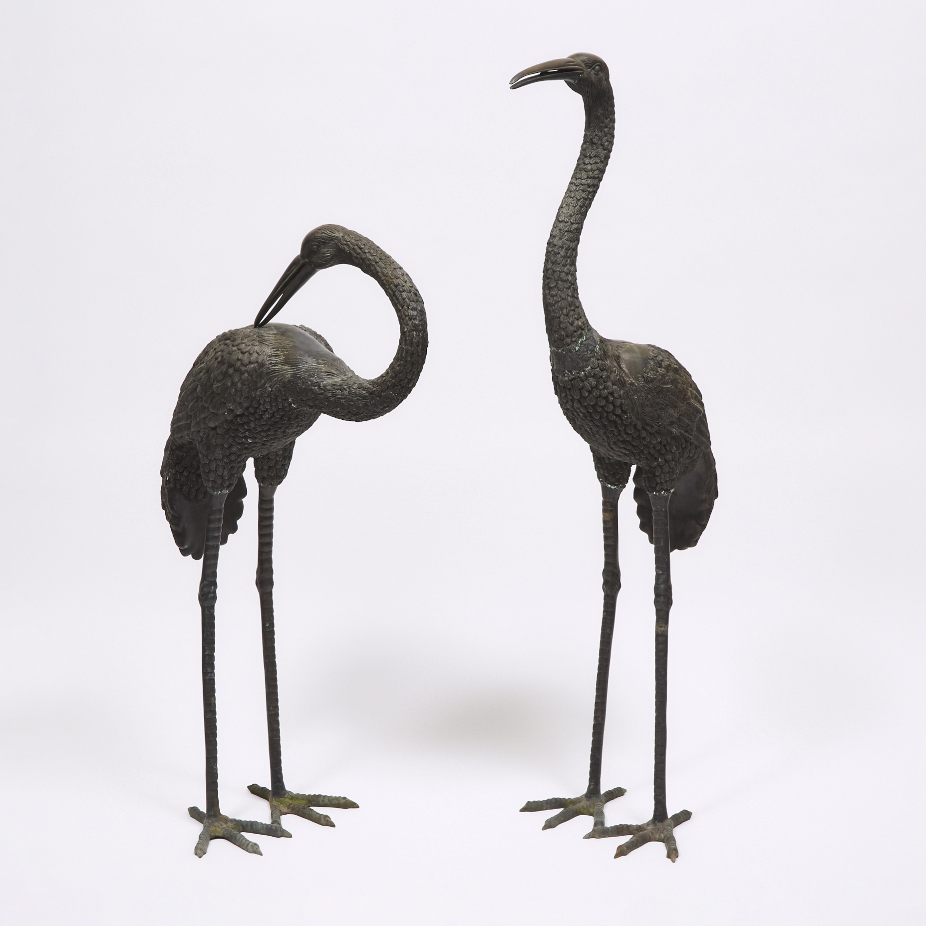 A Pair of Japanese Meiji-Style Bronze Cranes