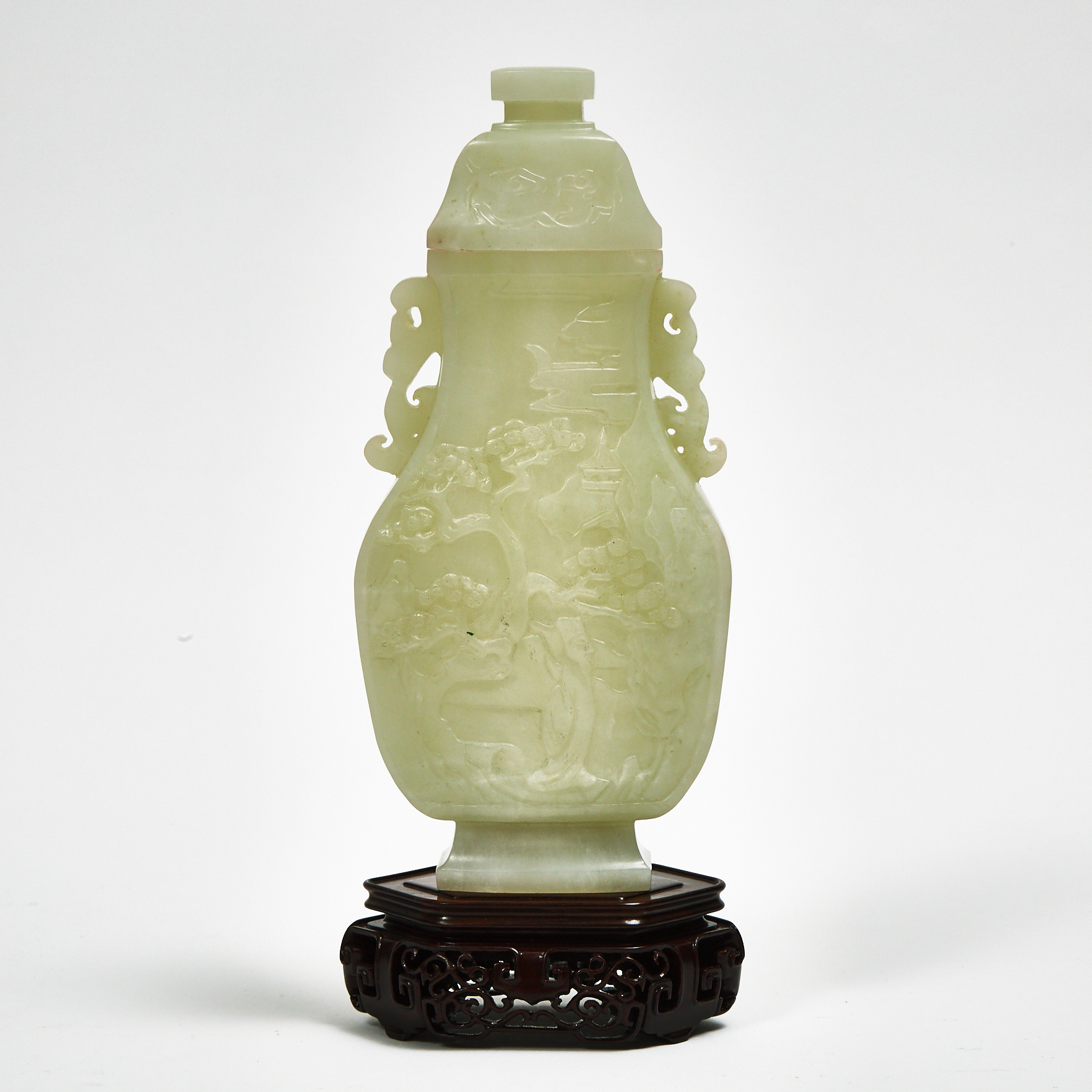 A White Jade 'Scholar and Pine' Vase and Cover, Qing Dynasty