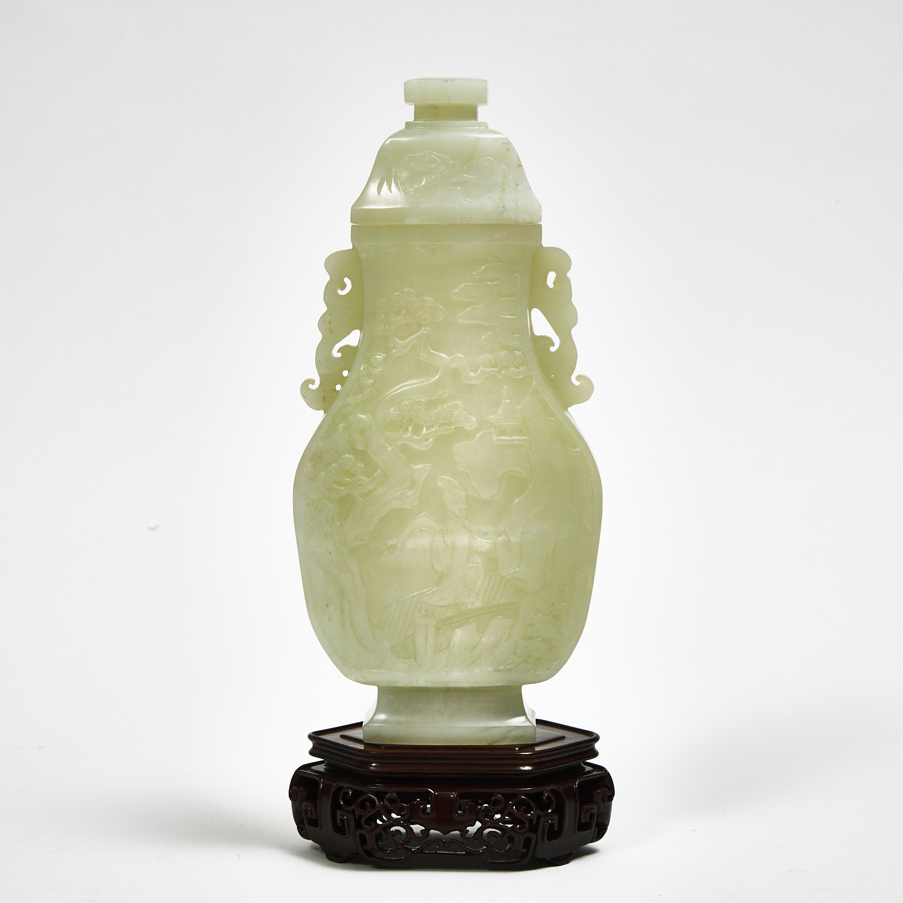A White Jade 'Scholar and Pine' Vase and Cover, Qing Dynasty
