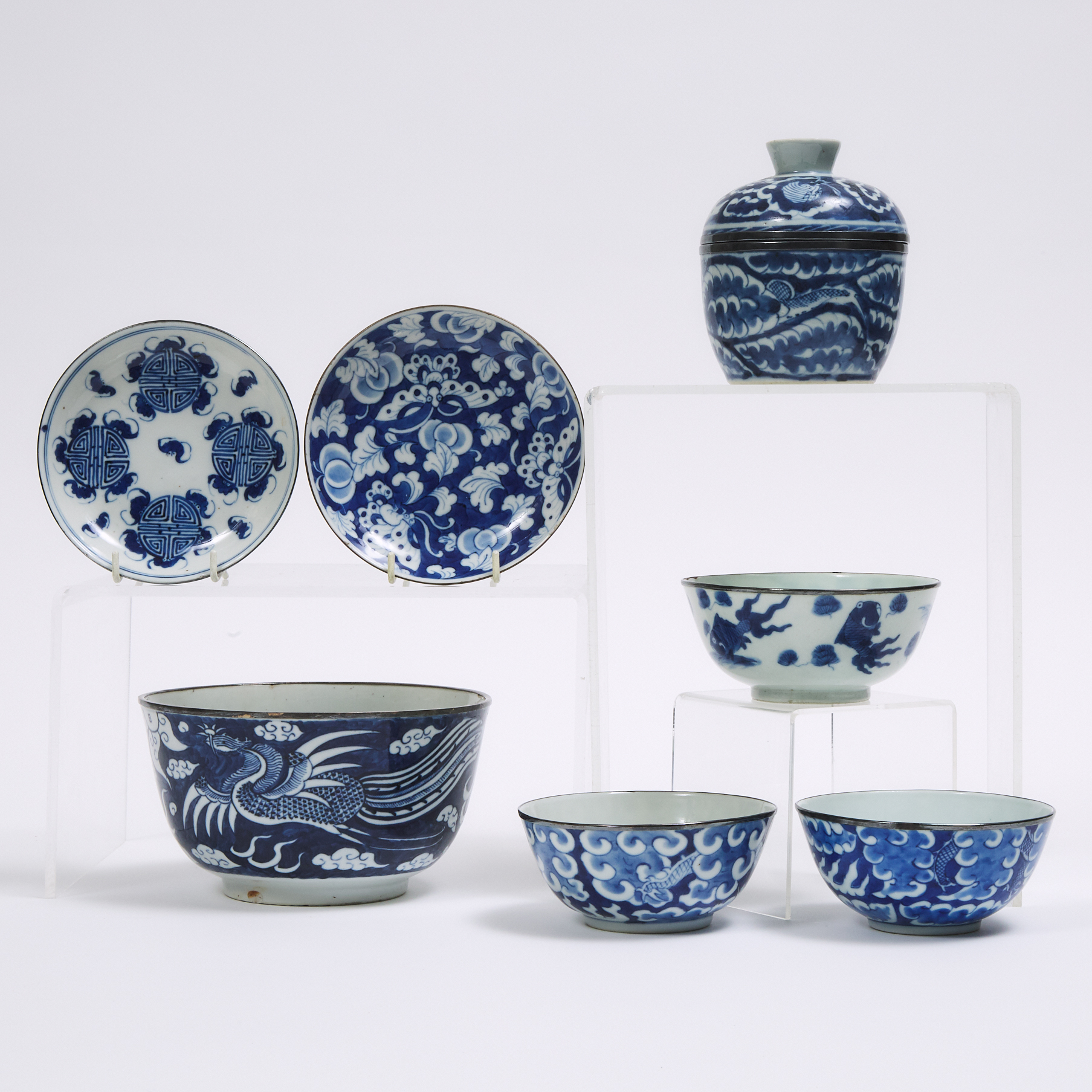 A Group of Seven Blue and White Porcelain Wares, Late Qing Dynasty