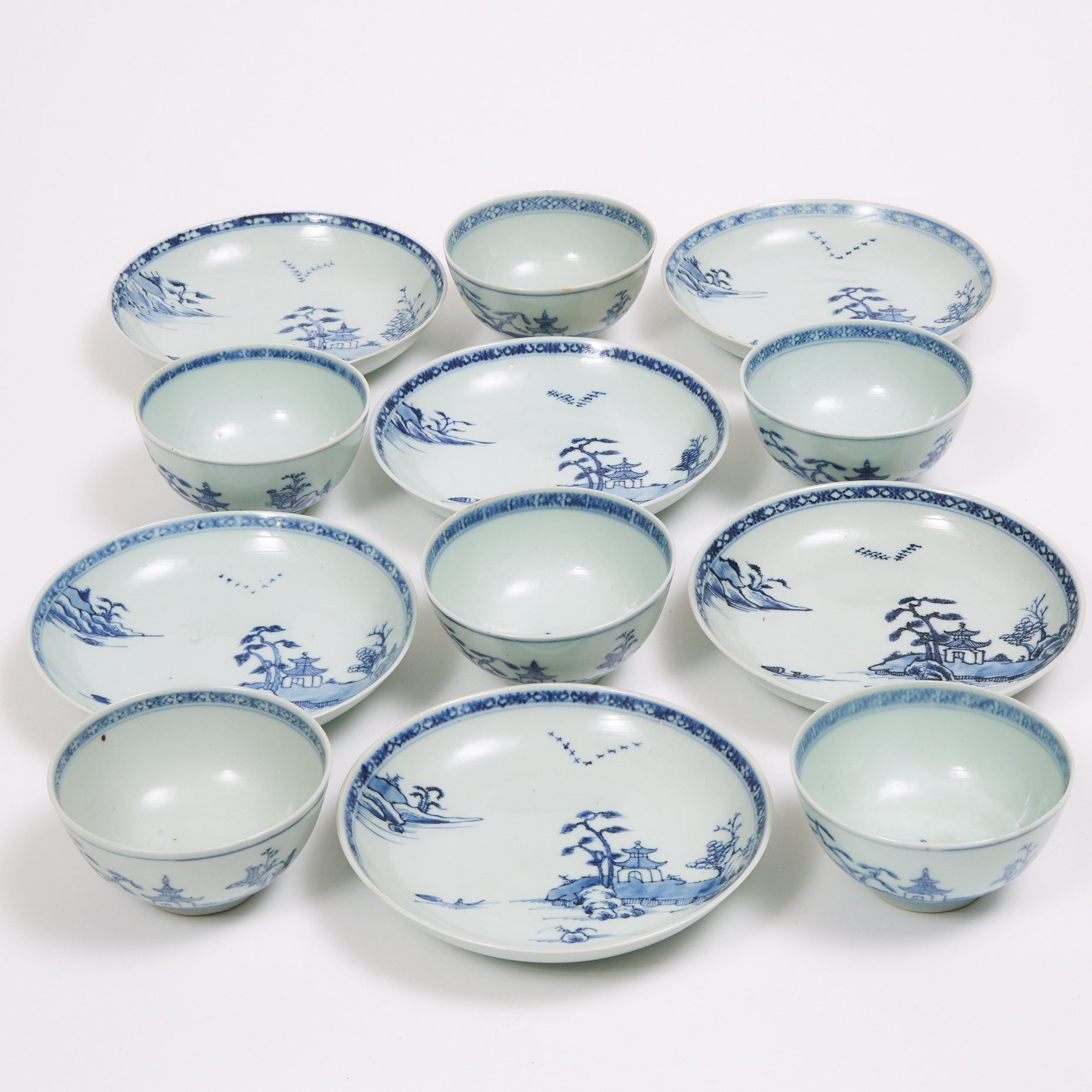 A Set of Twelve 'Flying Geese' Pattern Bowls and Saucer Dishes from the Nanking Cargo, Qianlong Period, Circa 1750